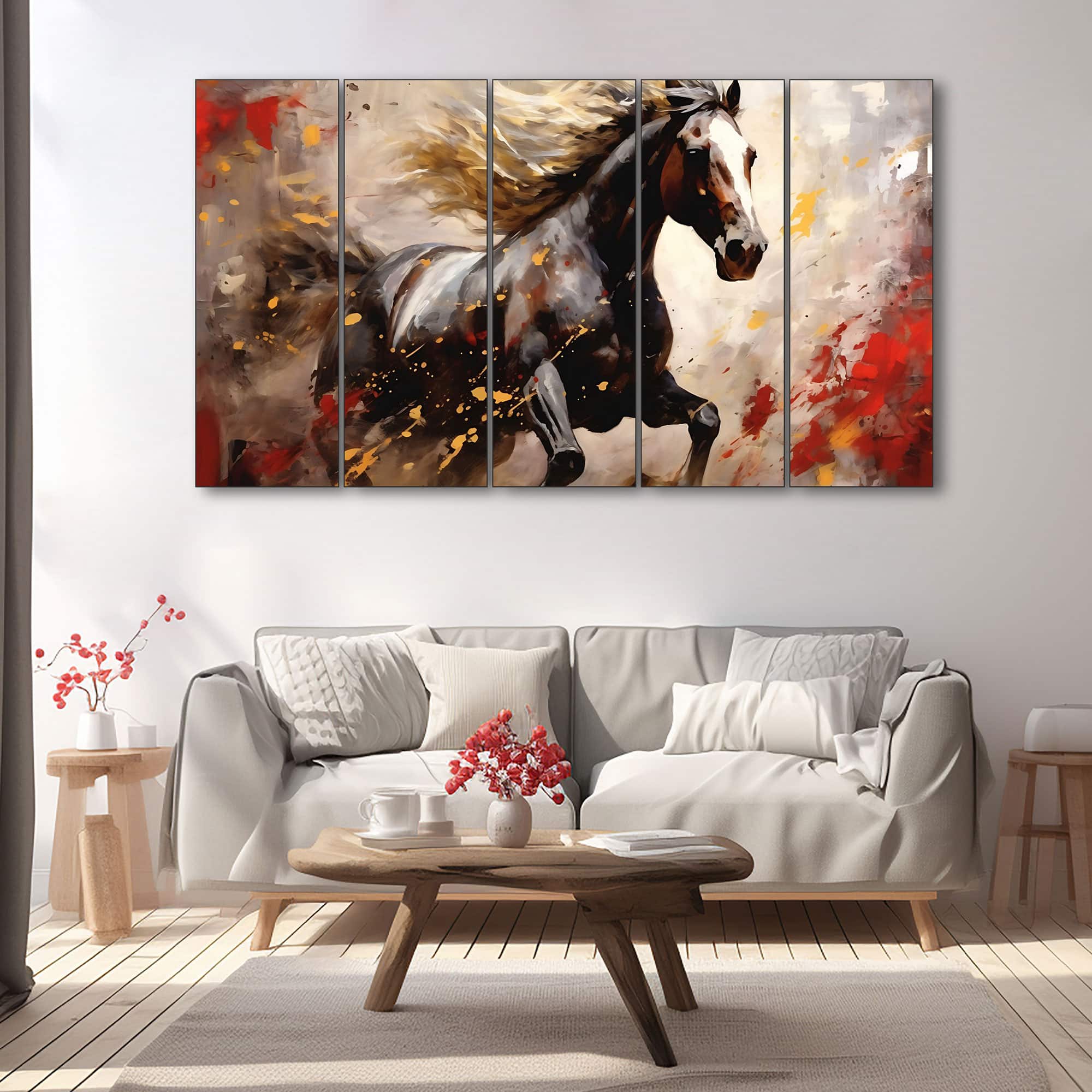 The Castle Decor Modern Horses Wall Painting Wooden Framed Digital Painting 27x48 Inch - The Castle Decor