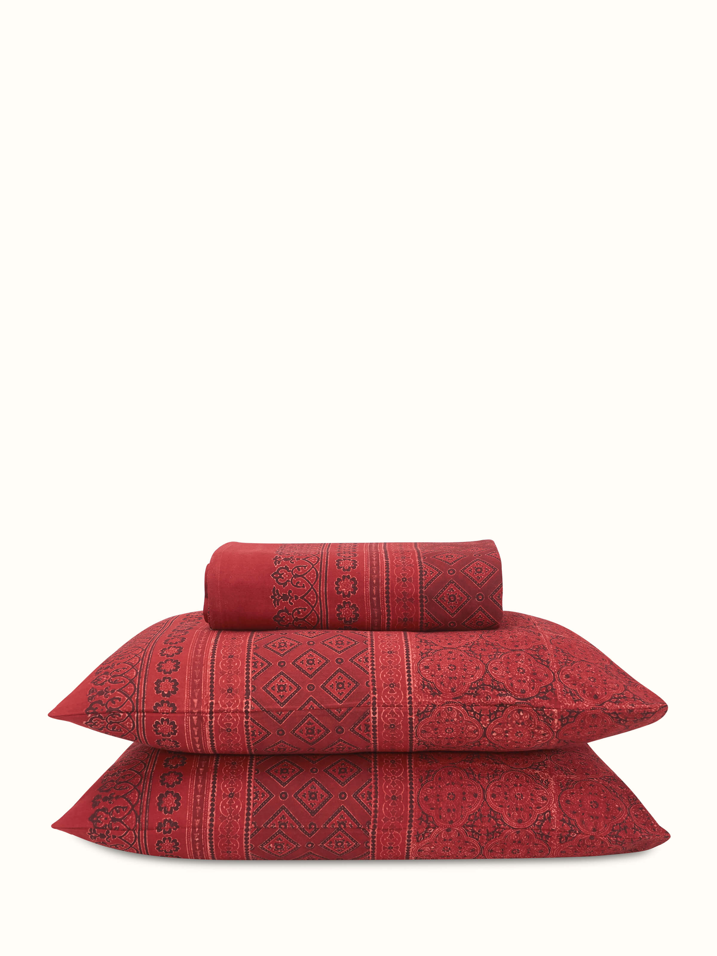 Full view of Sindh maroon jaal cotton ajrakh block printed queen bedspread set (3 pcs) showcasing the maroon color and ajrakh block print.