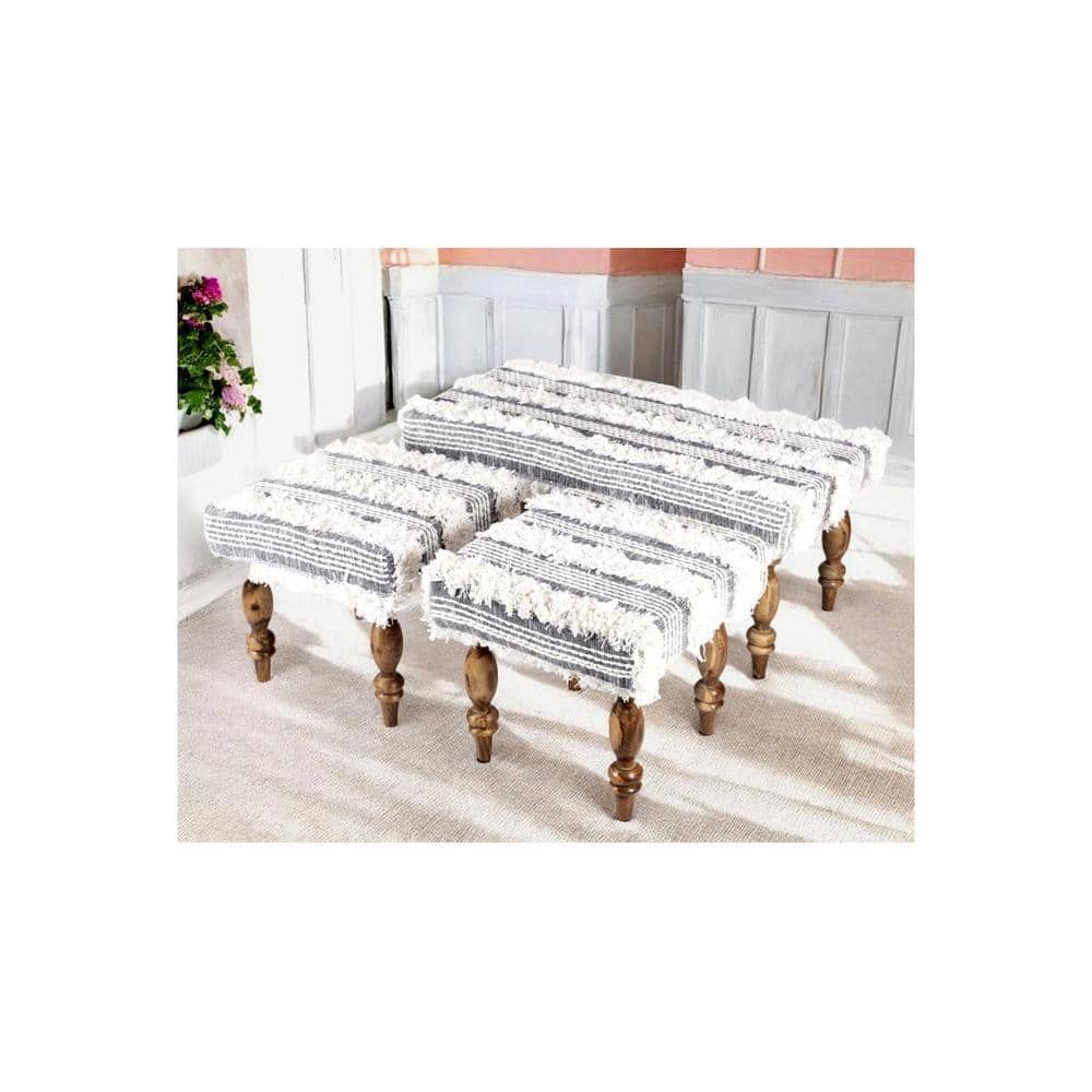 Bestone Sheesham Wood Mid Century Seater Bench Set  2 Stools In Grey Fabric