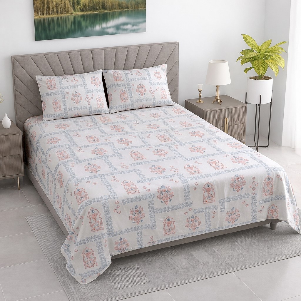Evan White Floral 400 TC Cotton Flat Super King Size Bedsheet with 2 Pillow Covers – Threads-image-38