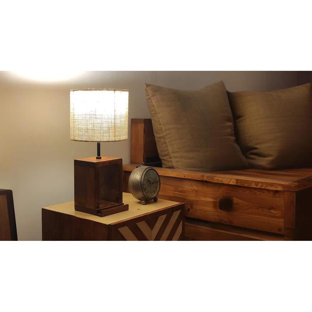 Moby Brown Wooden Table Lamp with Yellow Printed Fabric Lampshade