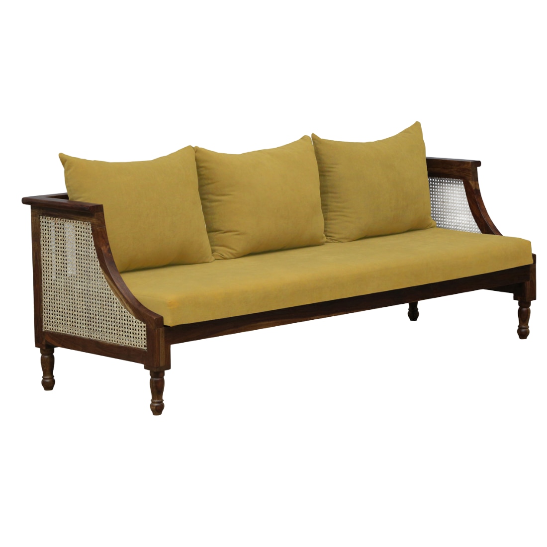 Heston 3+1+1 Seater Wooden Sofa in Yellow Fabric