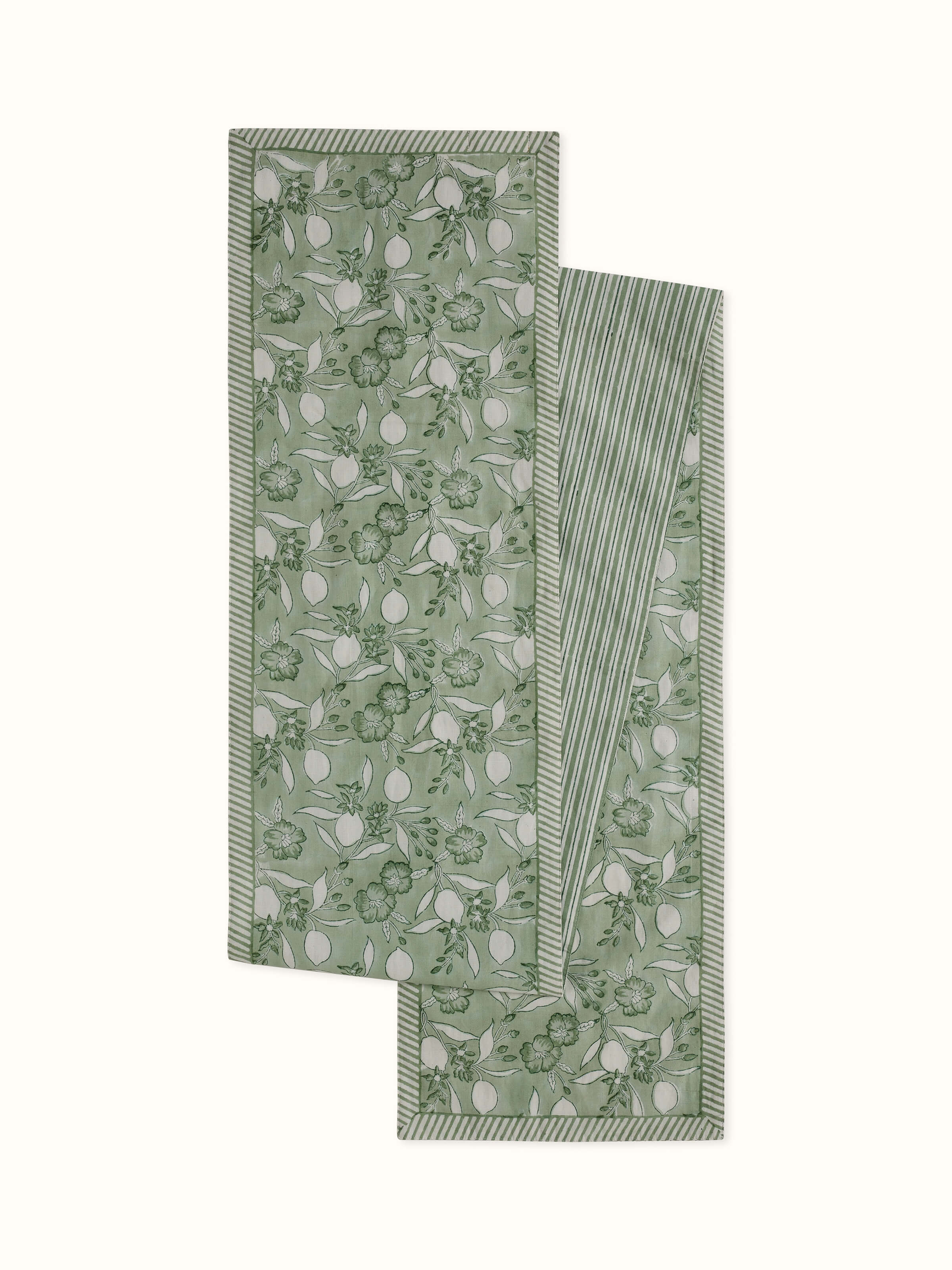 Front view showcasing the green floral Sanganeri hand block print on cotton linen