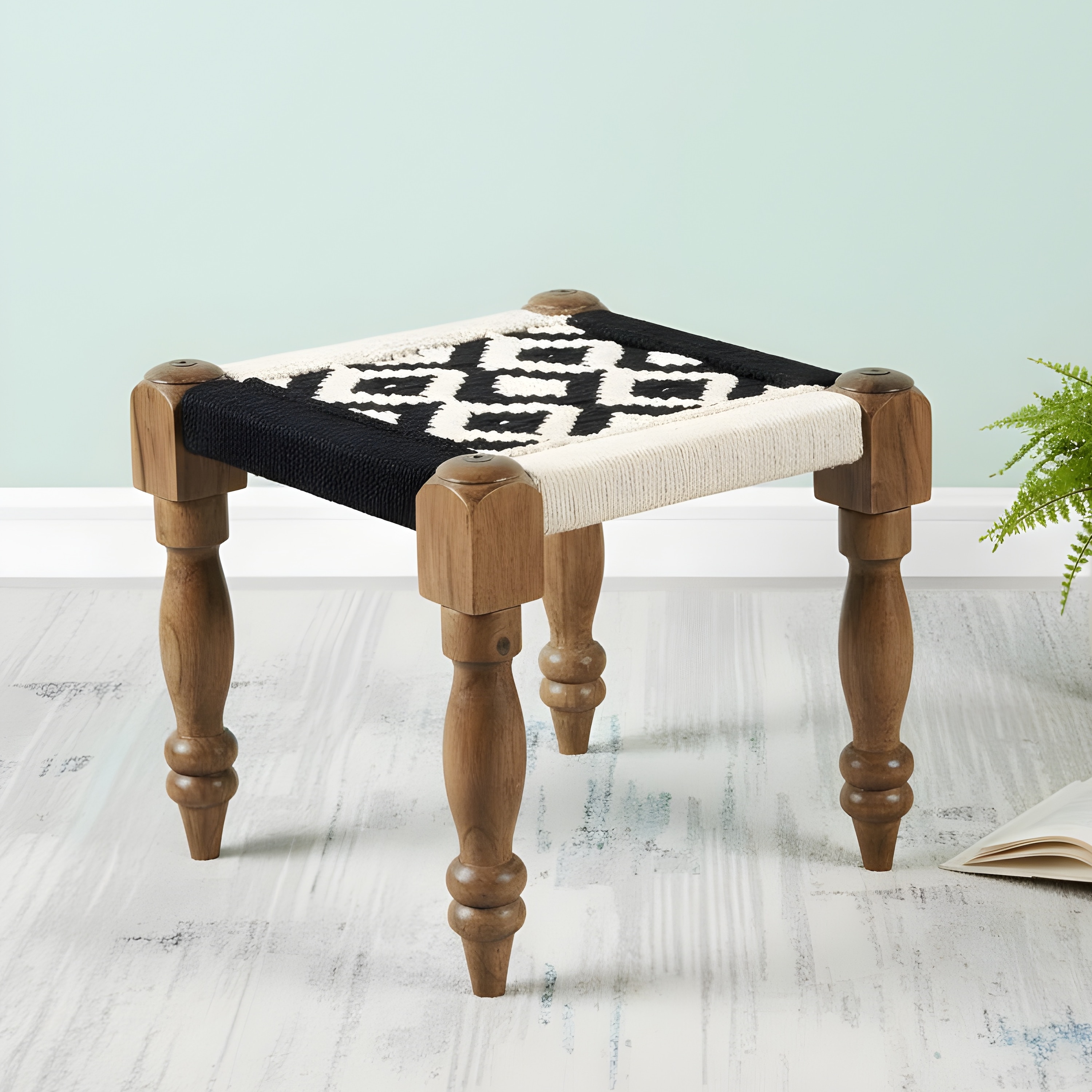 Riaza Solid Wood Maachi Stool in Black & White Canning - Ikiriya