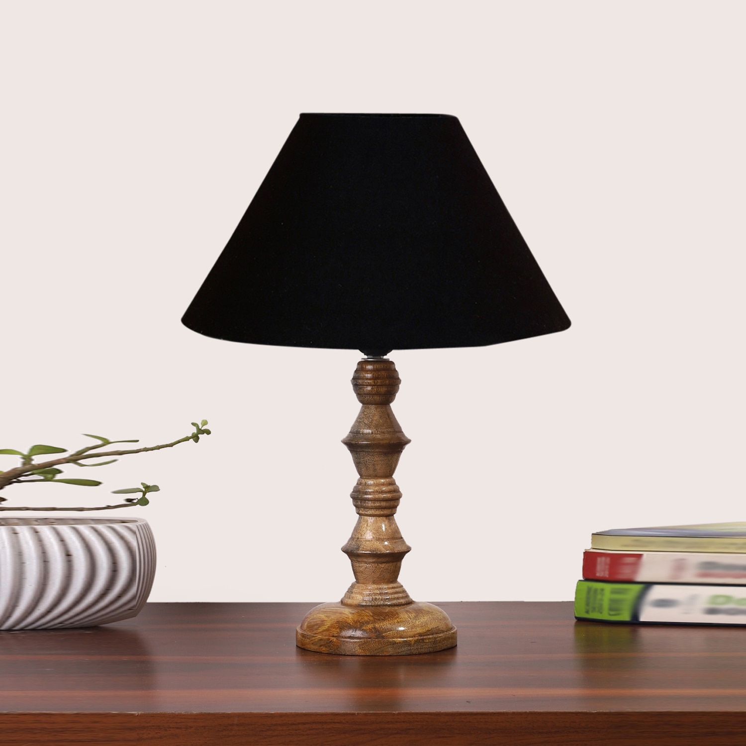 Devansh Black Cotton Table Lamp With  Wood Natural Base (10X10X16) Inches)-28