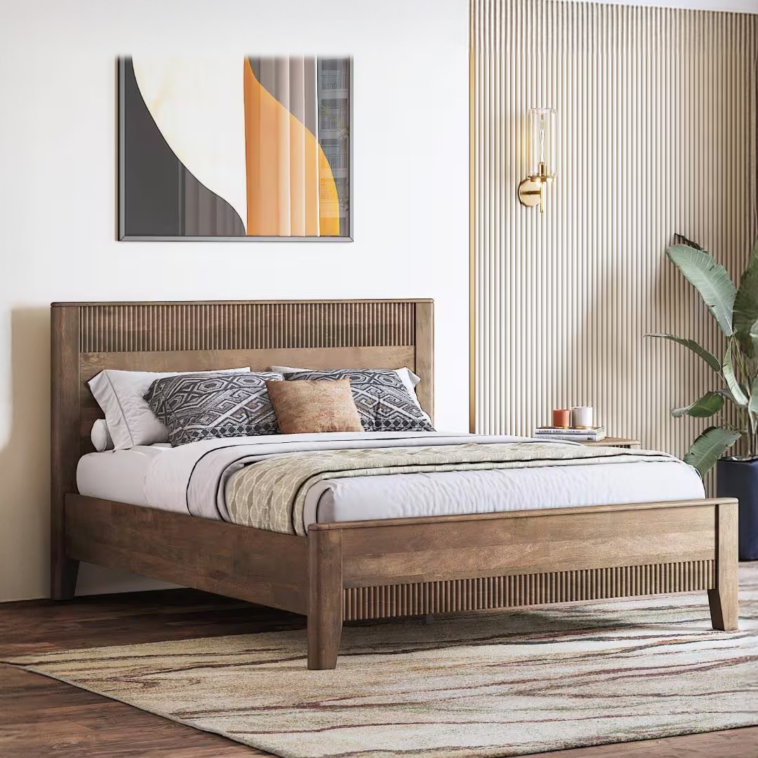 Toledo Solid Wood Queen Size Non Storage Bed In Danish Walnut Finish