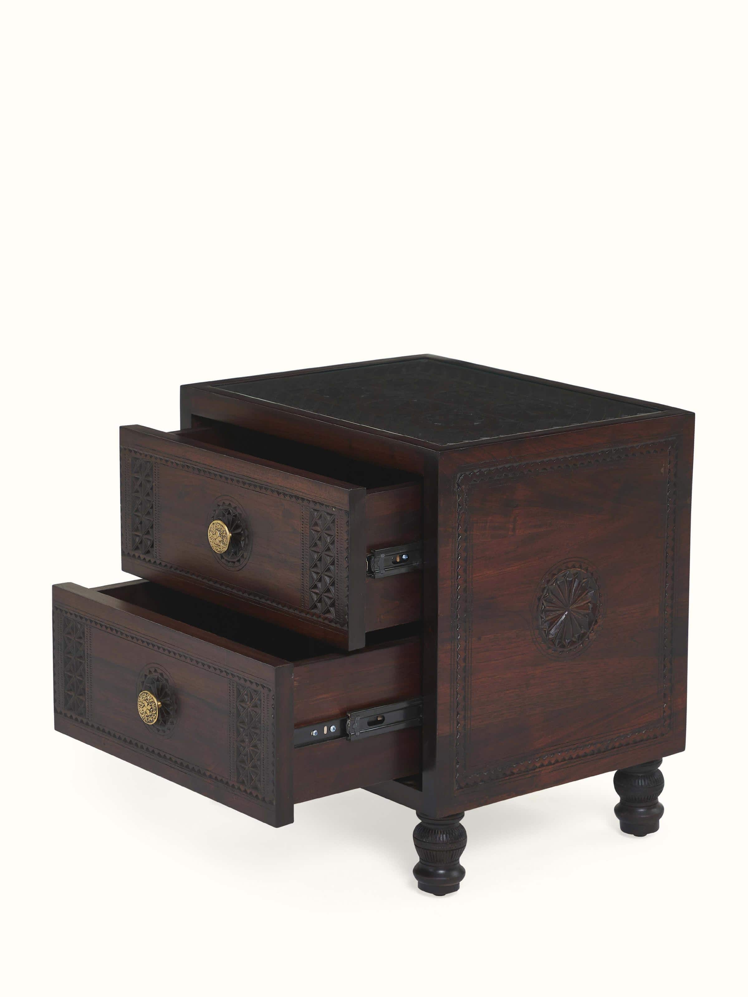 Angled view of Sheesham wood cabinet with woven cane panels – handcrafted Indian decor