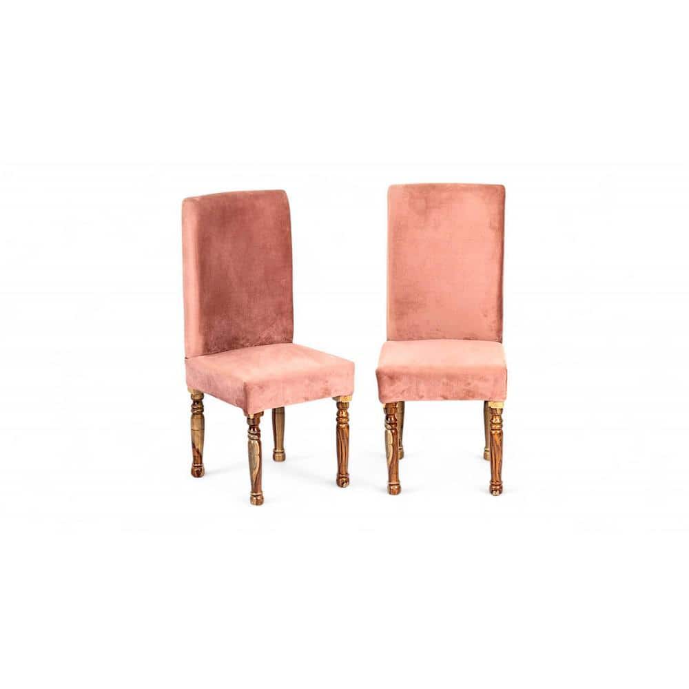 Rosslyn wood Accent Set of 2 Dining Chairs in Coral Pink Velvet Upholstery with TEAK FINISH