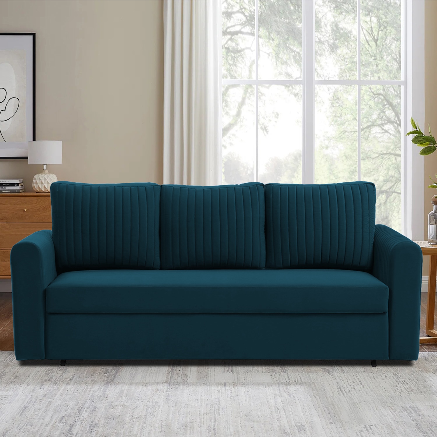 Melano 3 Seater Velvet Pull-Out Sofa Cum Bed in Teal Blue colour