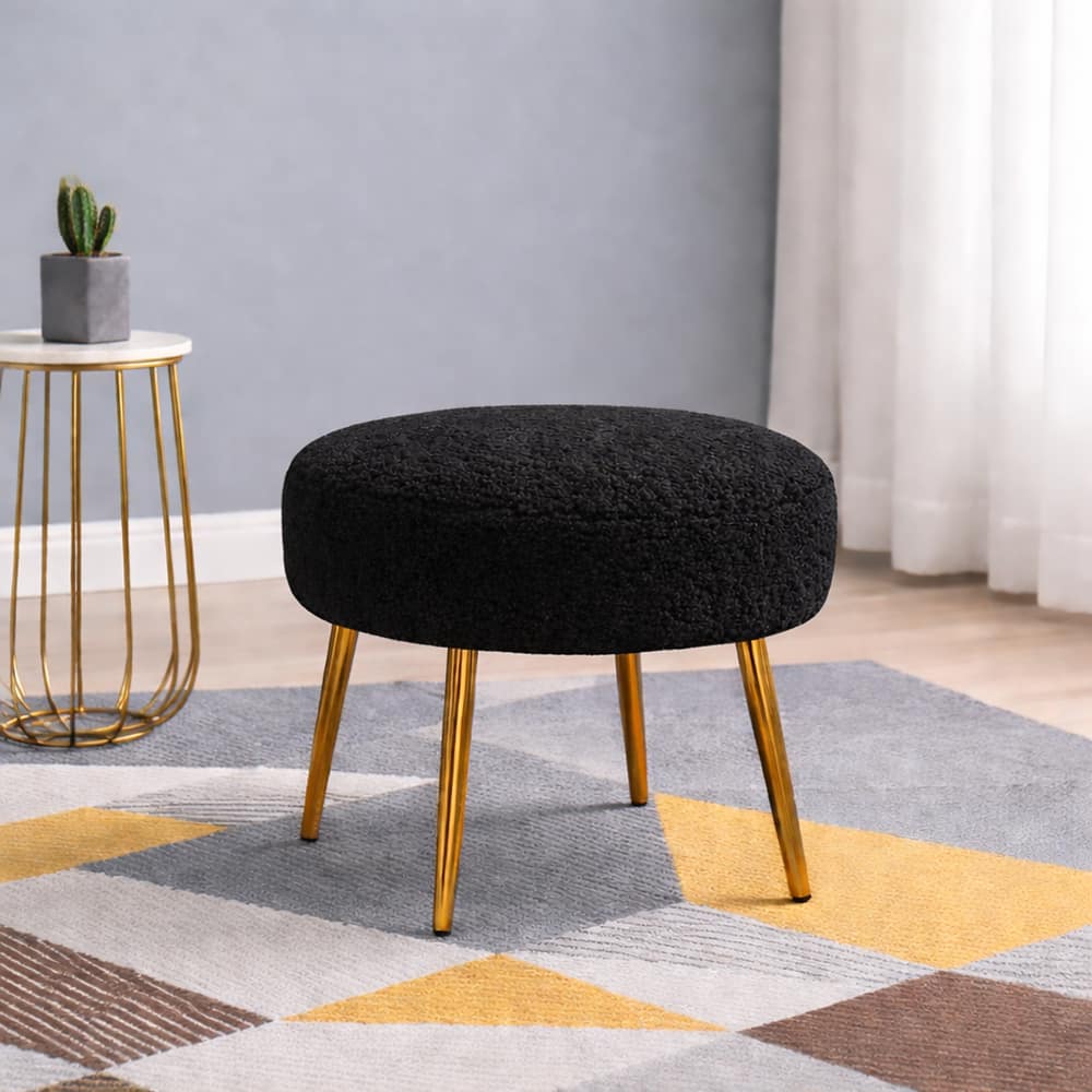 Doe Buck Luna Boucle Round Ottoman Stool in Black Colour with Gold Metal Legs - Doe Buck