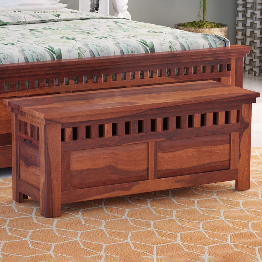 Madhavi Solid Wood Bench in Teak Finish
