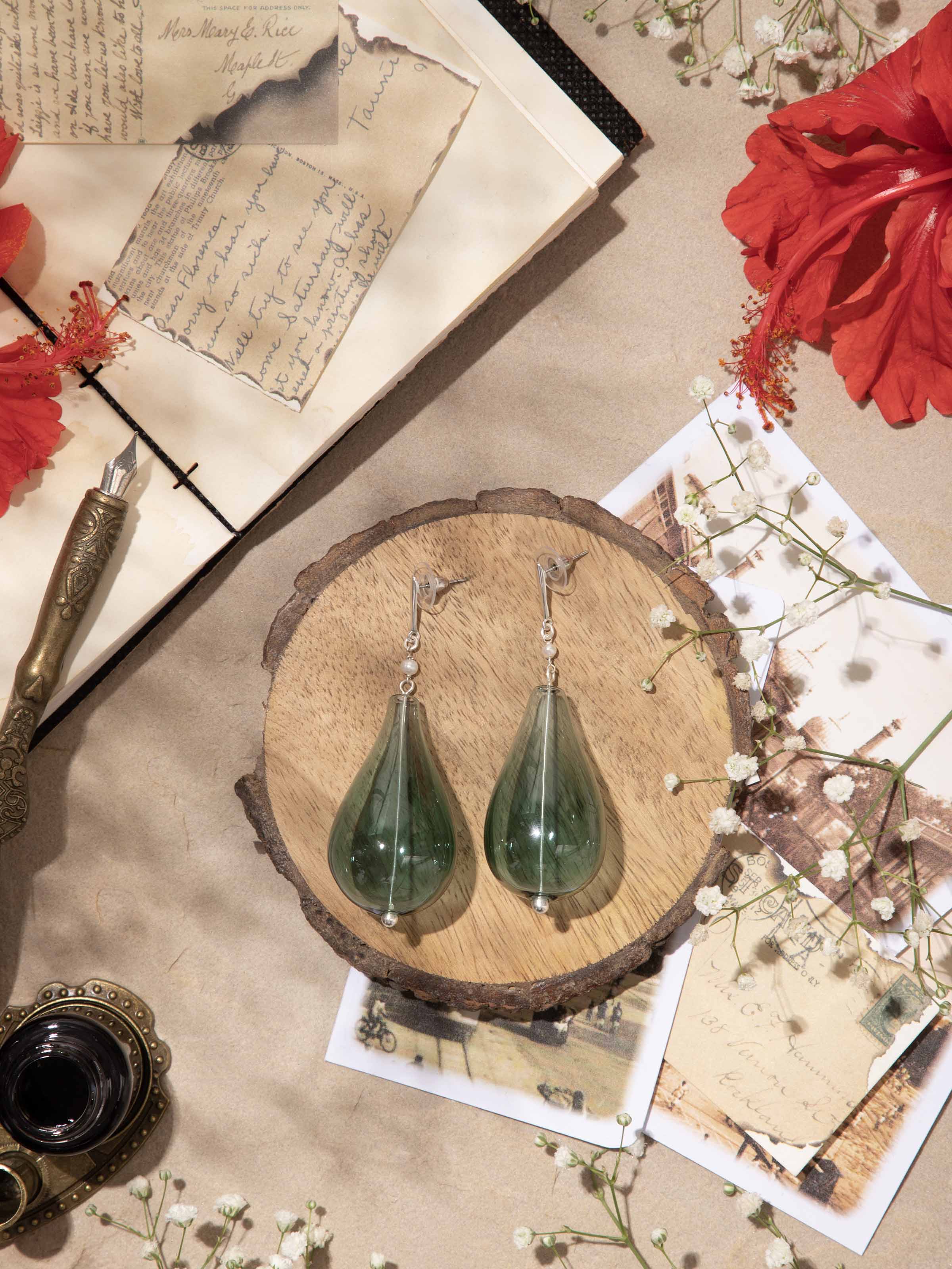 Silver Flame Glass Drop Earrings