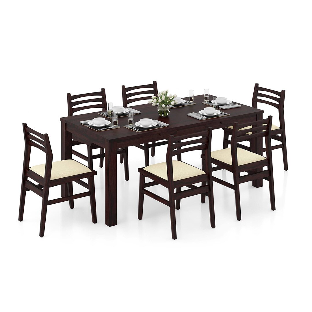 Arabia Leon Solid Wood 6 Seater Dining Table With Set Of 6 Chairs (Colour- Camilla Ivory, Finish- Mahogany)
