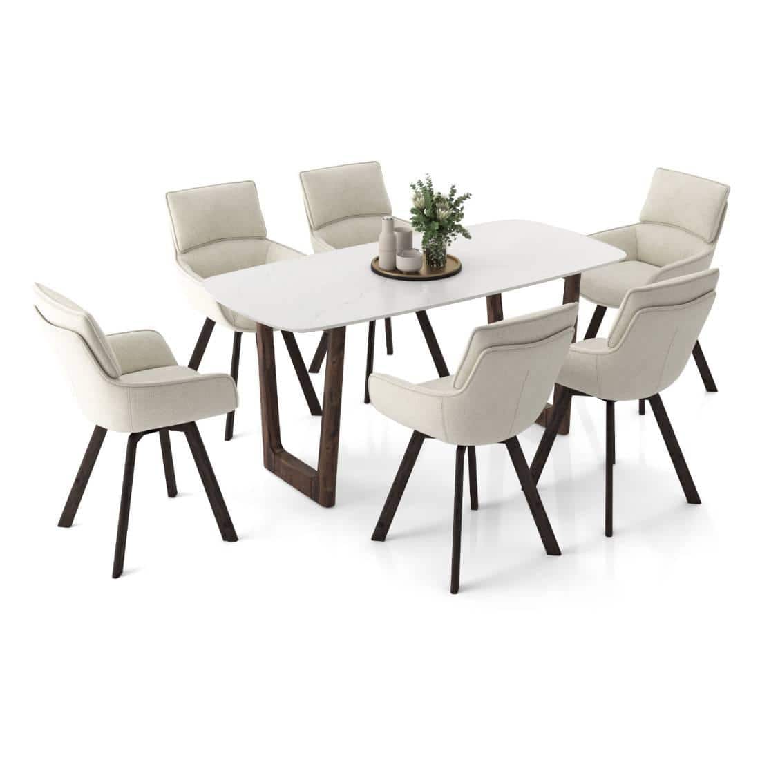 Adria Karara Quitese Top Dining Table With Set Of 6 Bren Swivel Dining Chairs (Colour- Ivory, Finish- Carrara White)