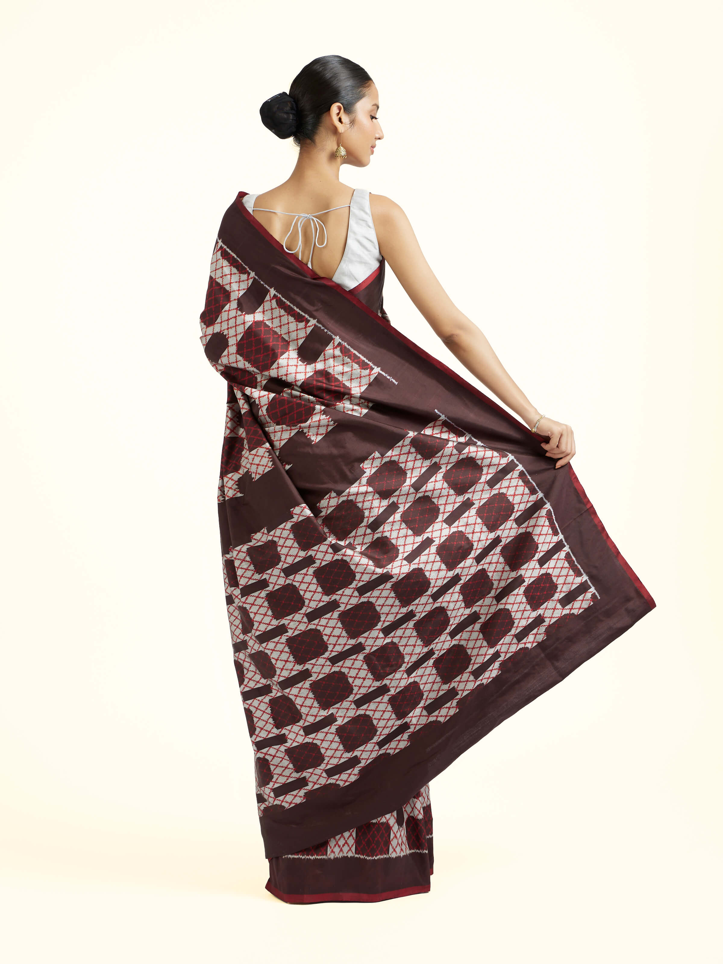 Dark Brown Silk Pochampally Single Ikat Saree