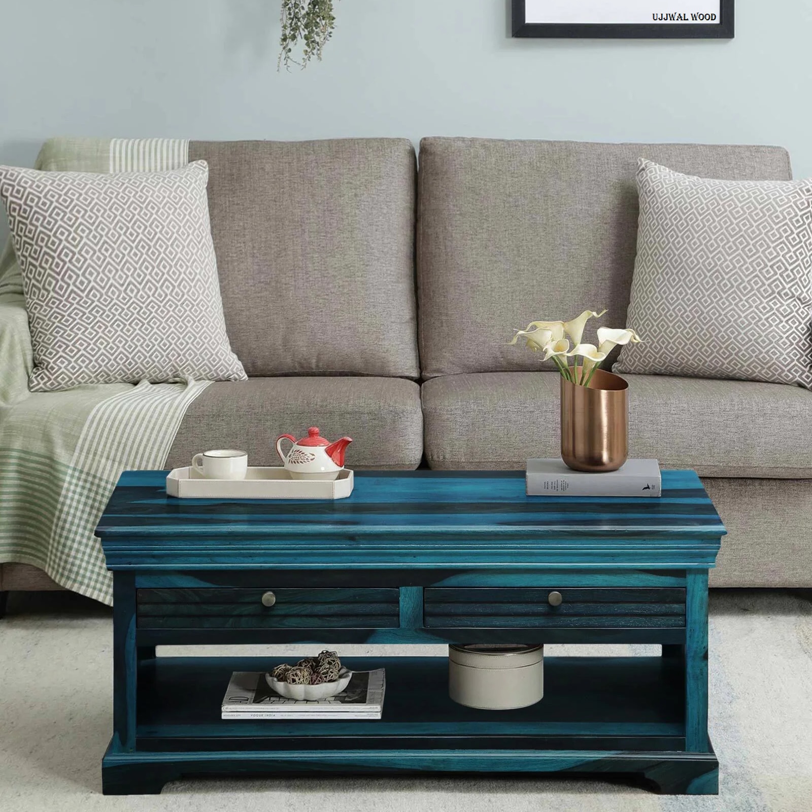 Sheesham Wood Coffee Table In Scratch Resistant Ocean Blue Finish - Ujjwal Wood