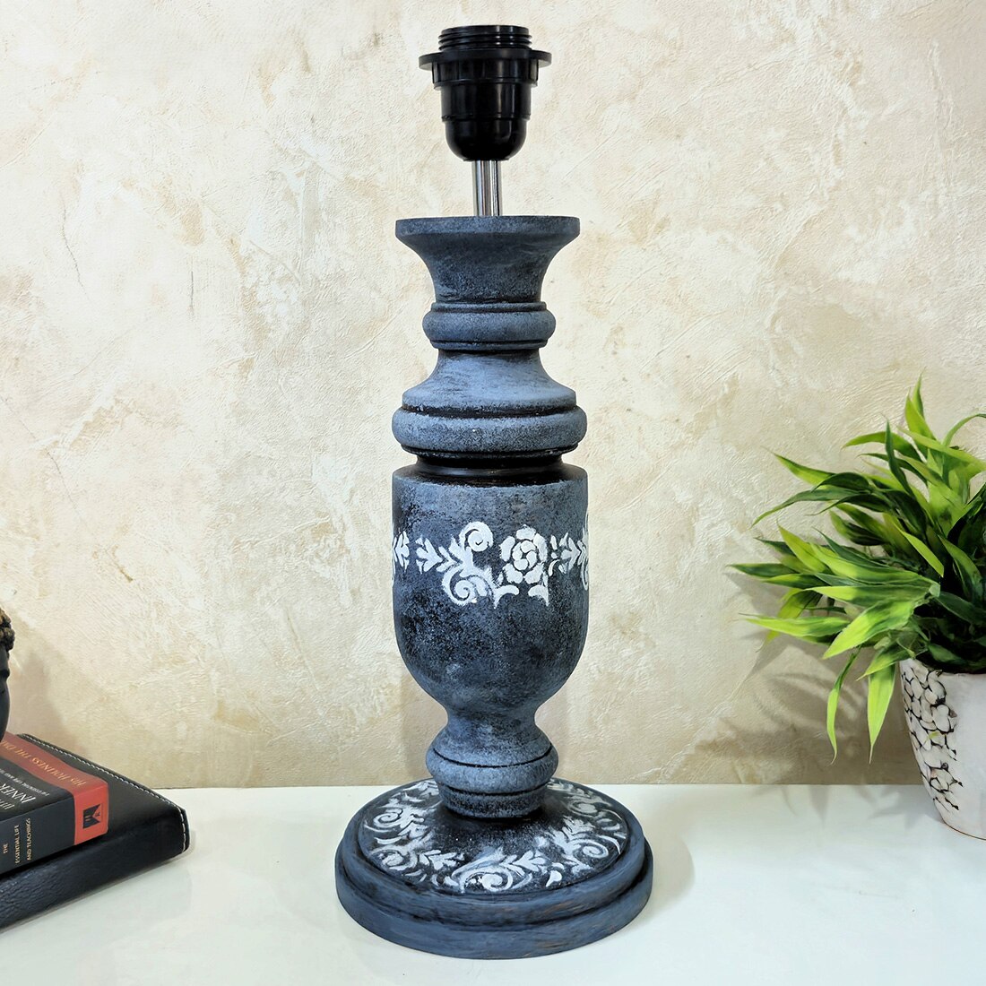 Pillar Stone Grey Beige Wooden Table Lamp in Grey