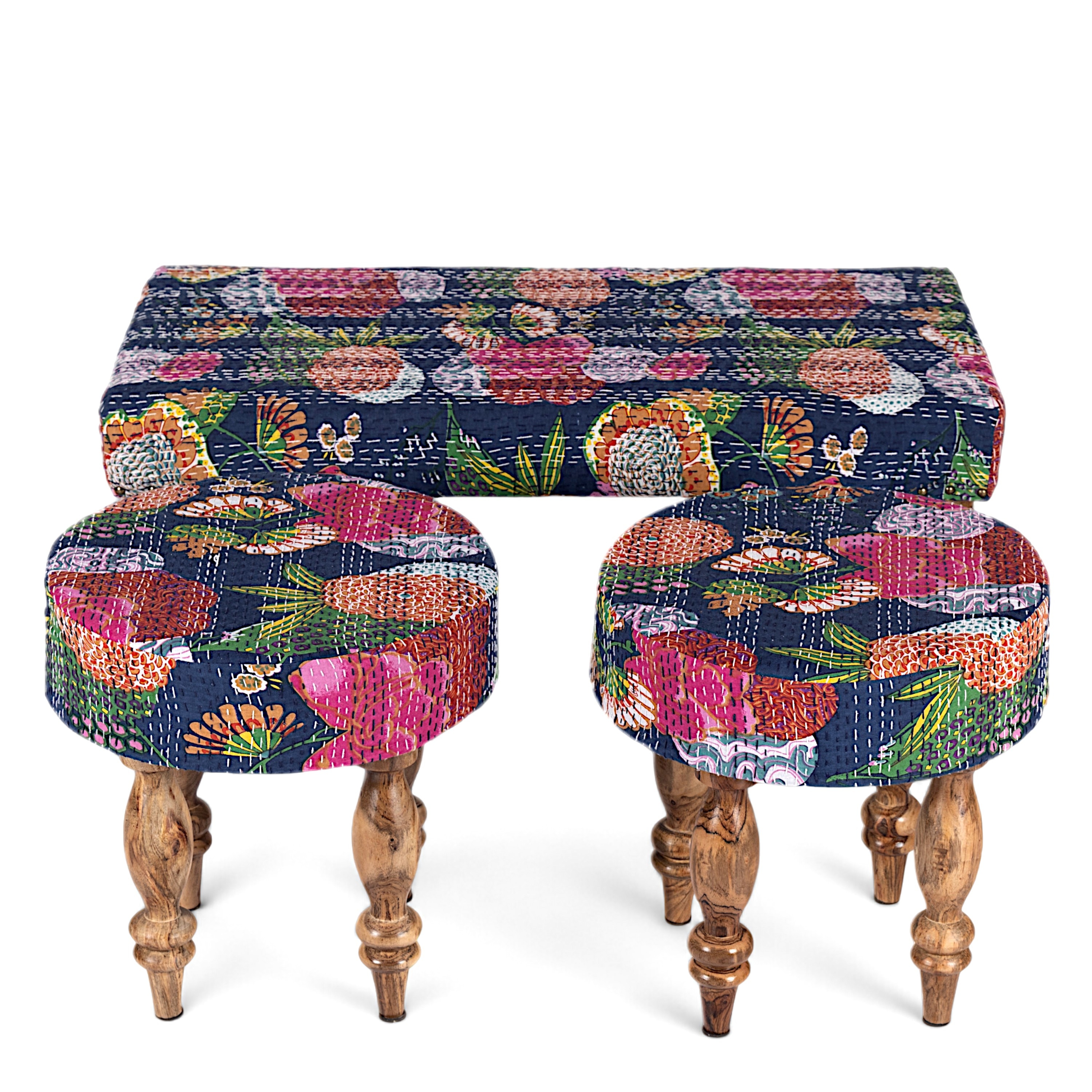Bestone Sheesham Wood Mid Century 2+1+1 Seater Bench Set With 2 Stools In Fruit Print Blue Kantha