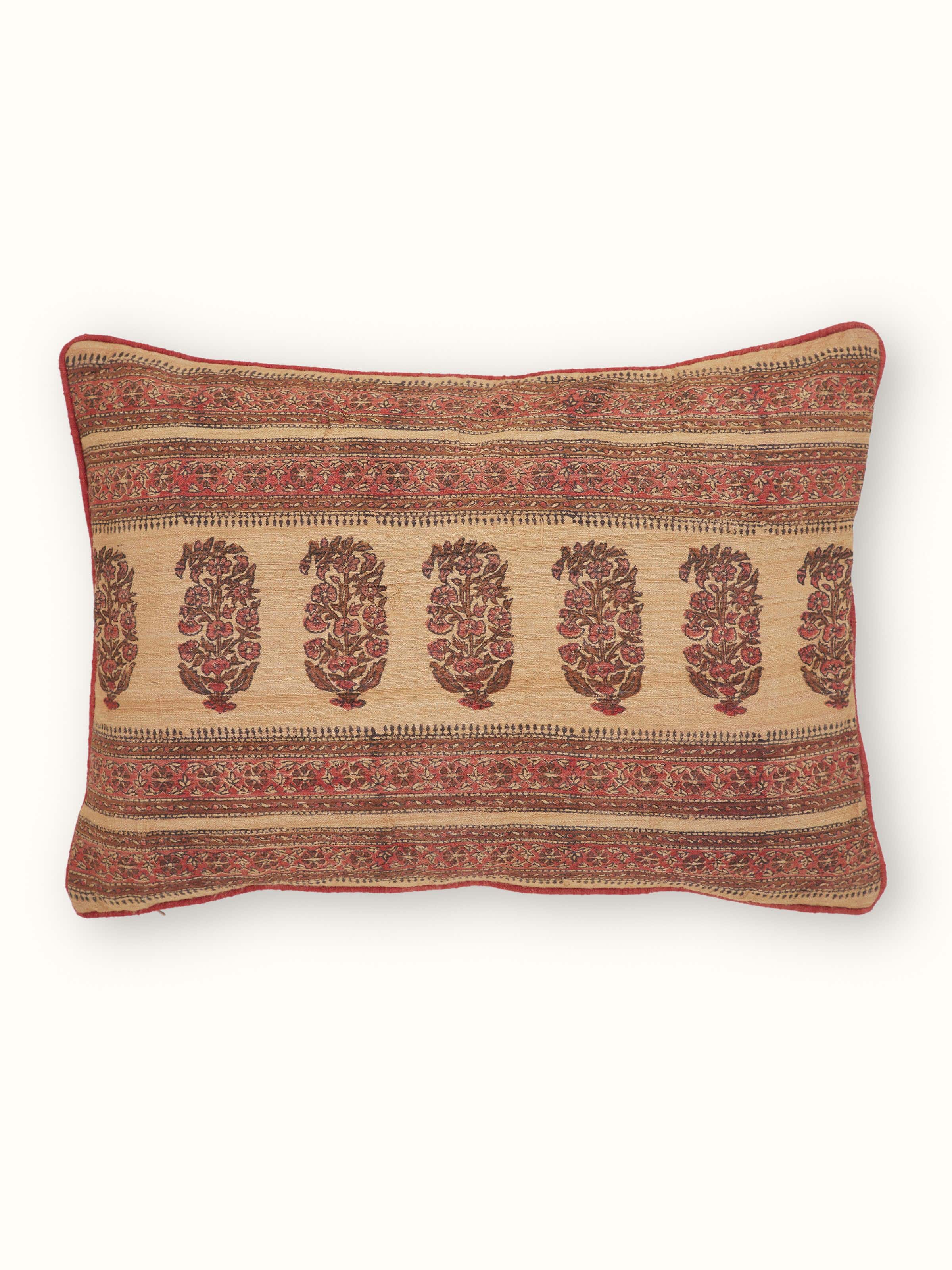 Vasudha Rust Paisley Tussar Silk Bagru Hand Block Print Cushion Cover