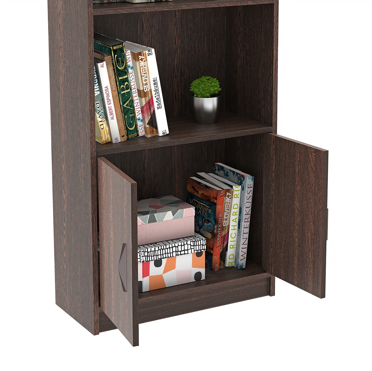 BLUEWUD Seonn Engineered Wood Bookshelf Crockery Storage Cabinet, Book Rack Organizer with Shelves for D�cor Display & 2 Doors, Storage Unit for Office Library Home (Wenge, Without Drawer)