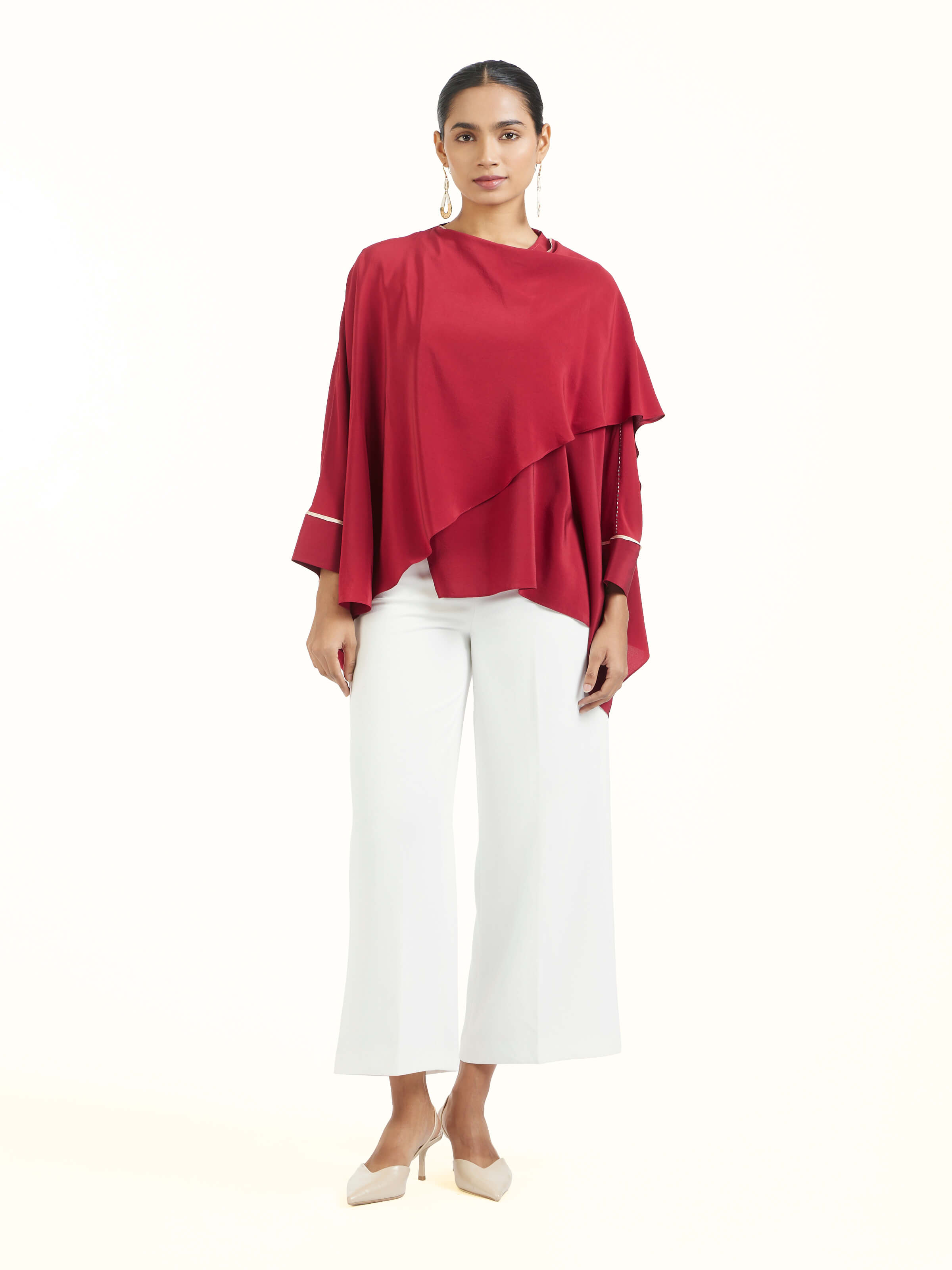 Front view of red silk handloom top with clean silhouette