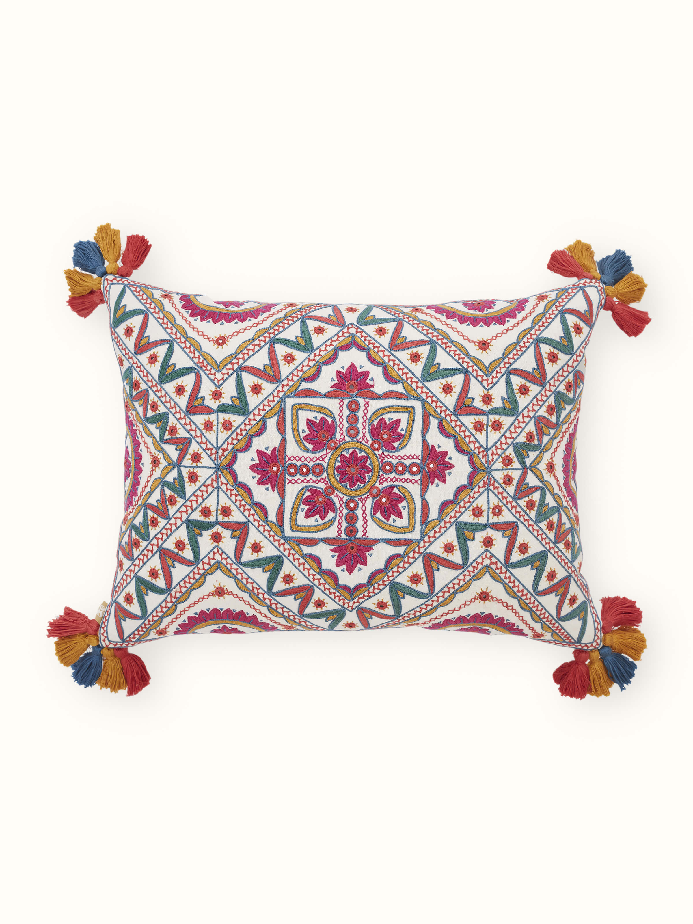 Varna Multicolor All-over Cotton Pakko Hand Embroidered Cushion Cover