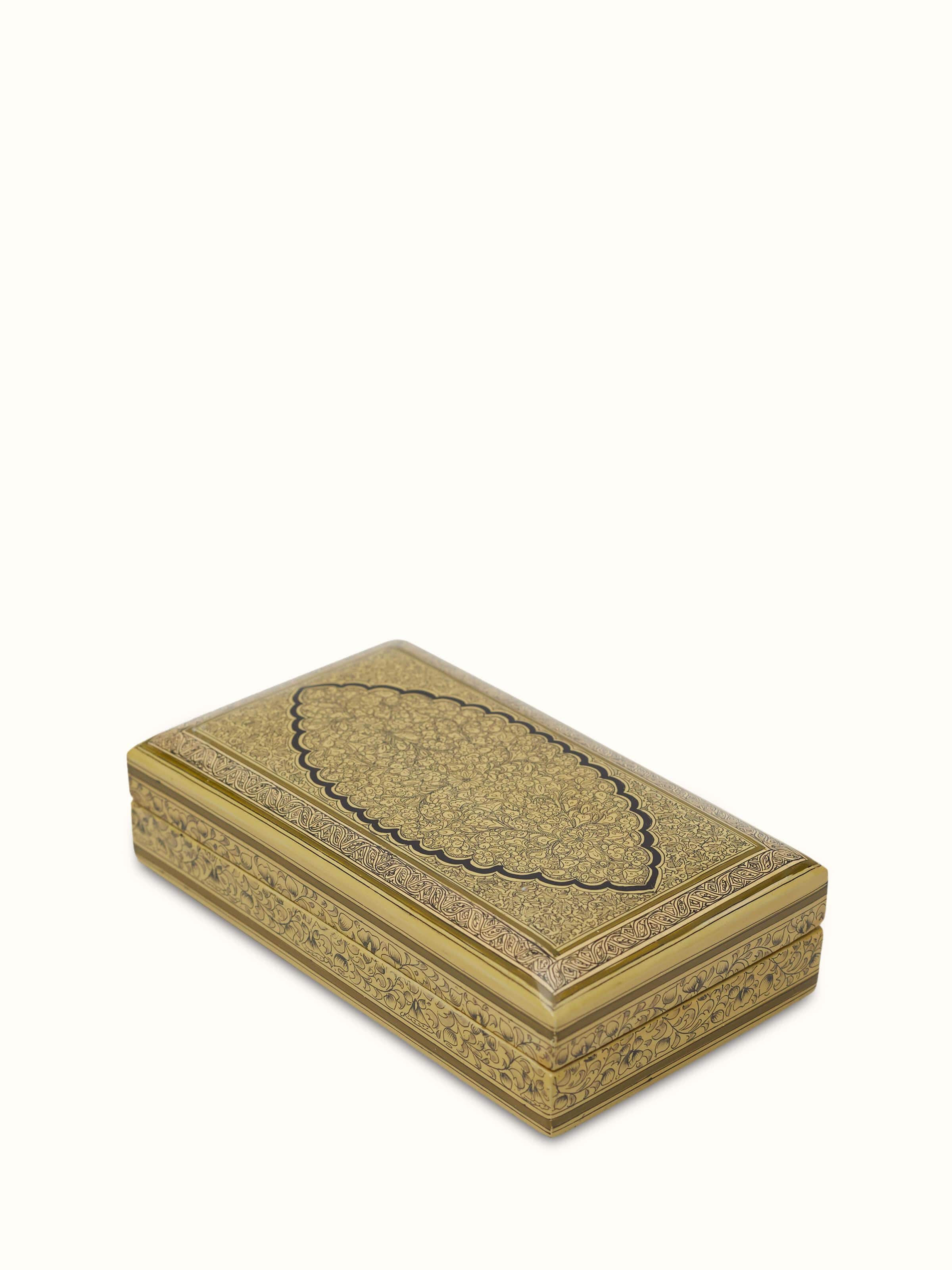 Side view of Golden Papier Mache Paper Pulp Trinket Box showing the fine craftsmanship and intricate design details