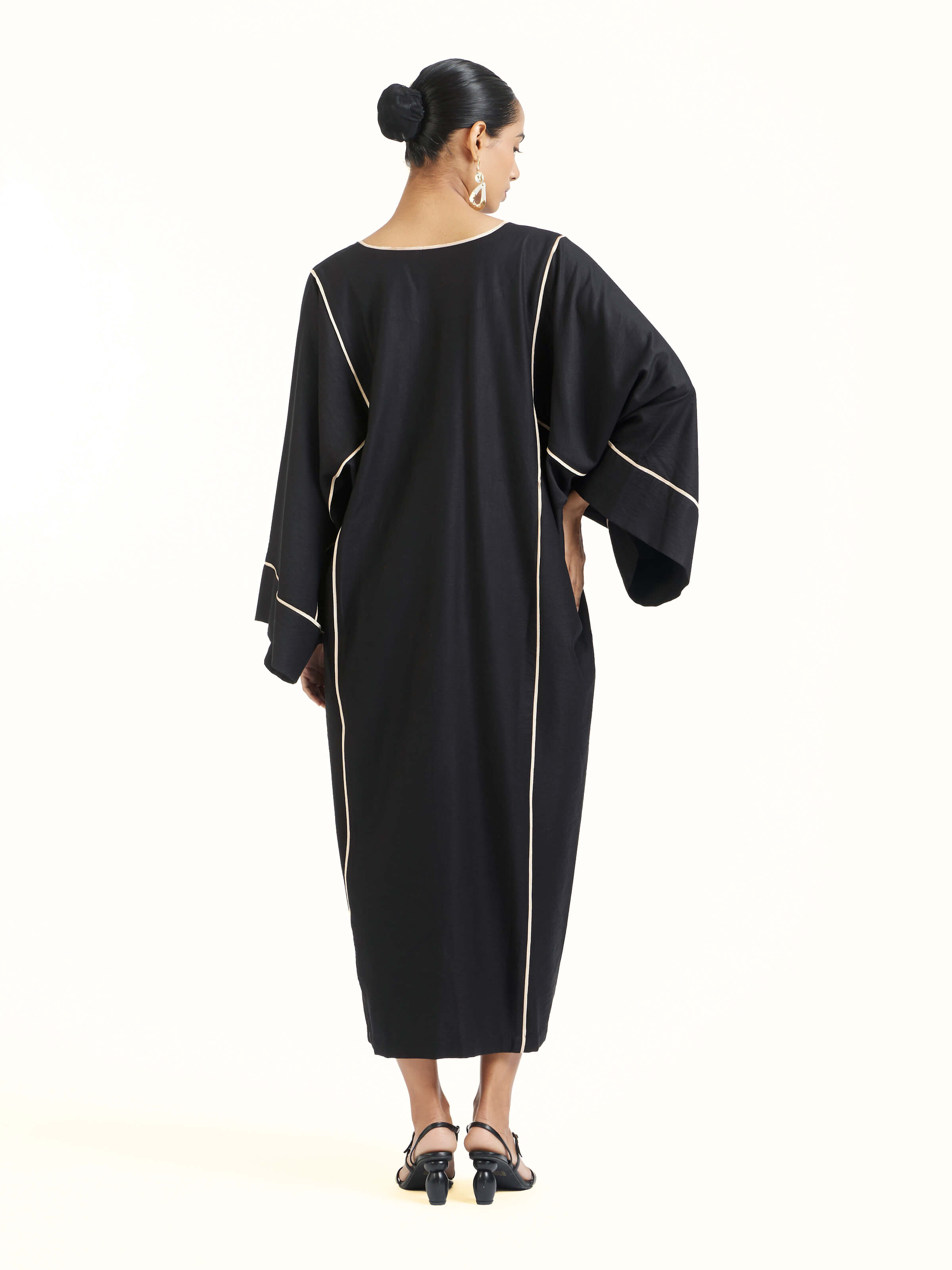 Back view of black shibori kimono dress showing full length design