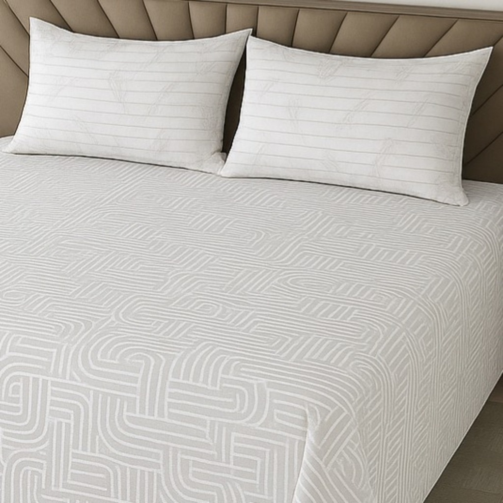 White & Grey Abstract 400 TC Cotton Flat Super King Size Bedsheet With 2 Pilllow Covers