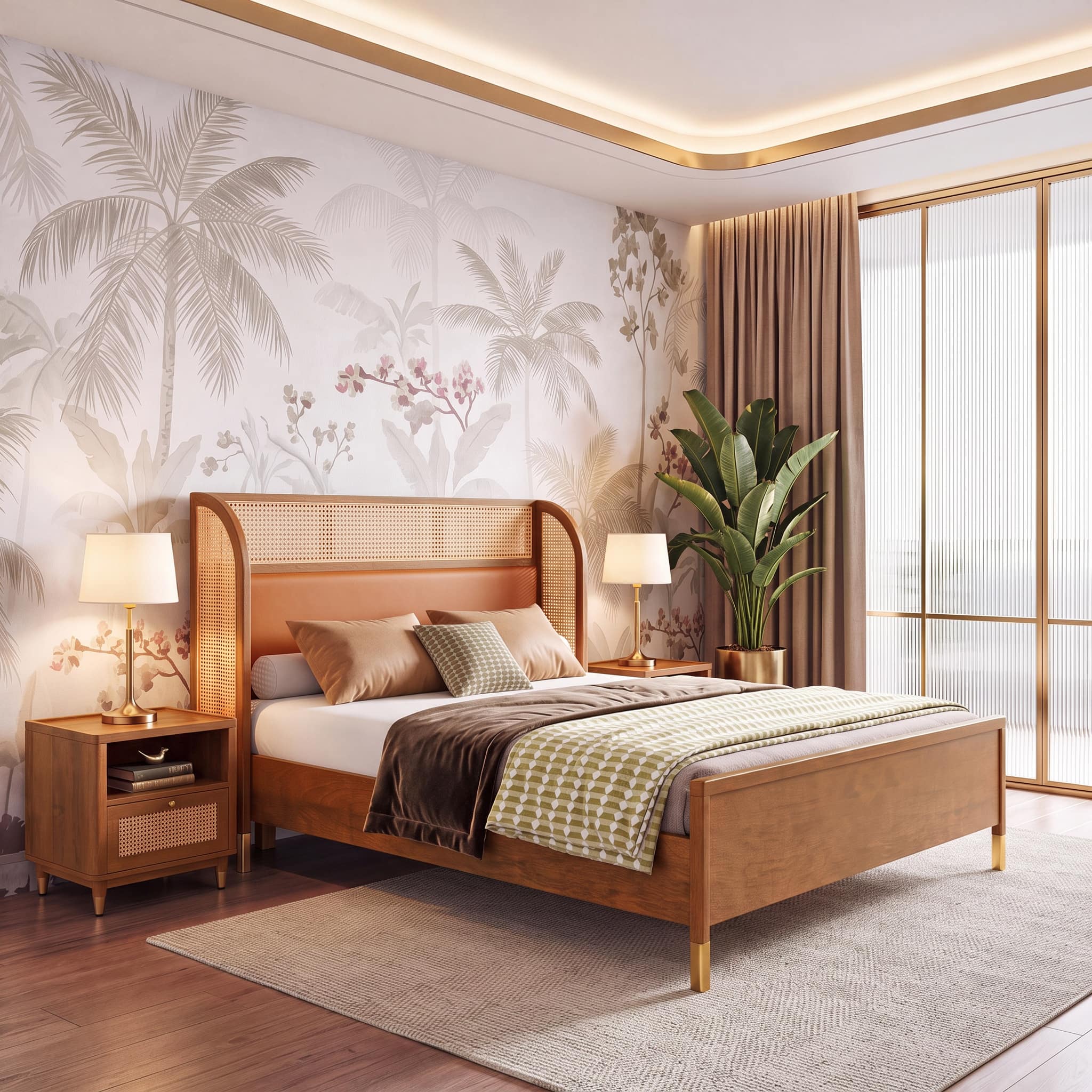 Fiji Wingback Cane and Solid Wood King Size Non-Storage Bed in Nappa Tan Leatherette - Urban Ladder