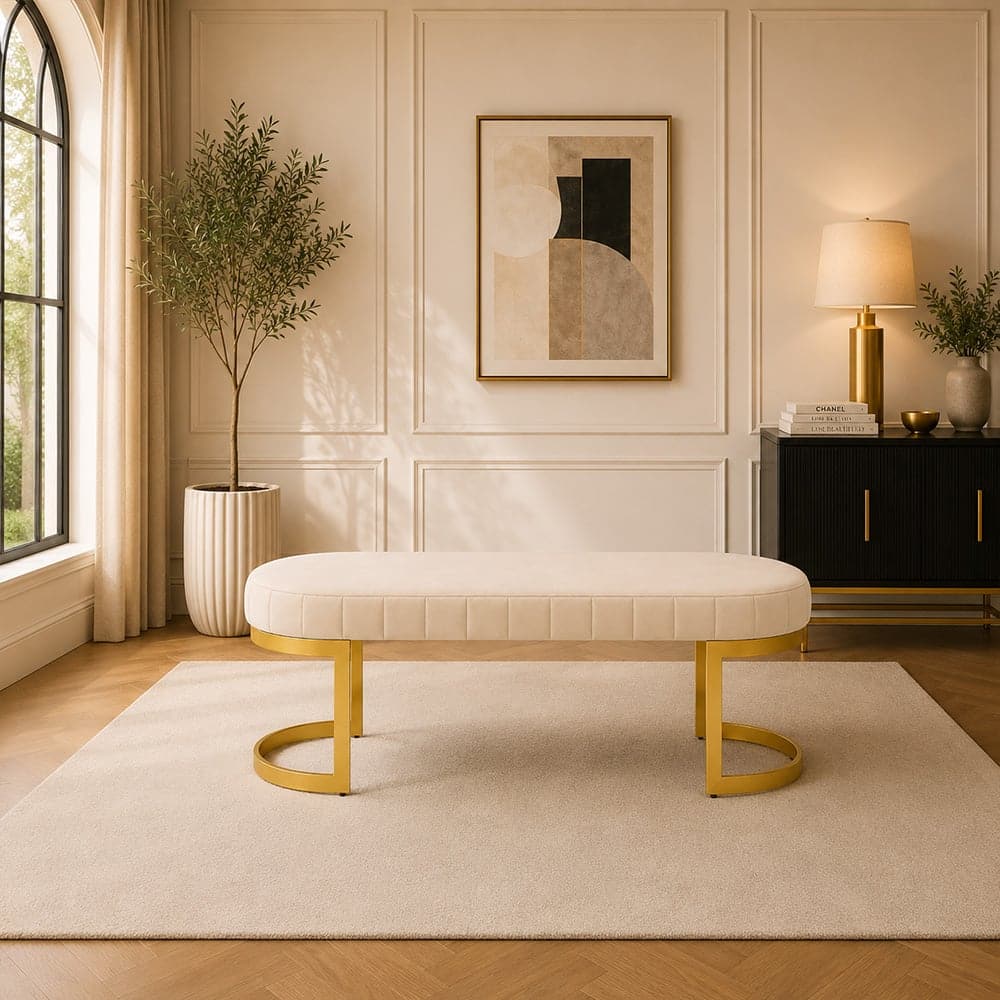 Doe Buck Upholstered Oval Bench in Beige Colour with Gold Loop Legs - Doe Buck