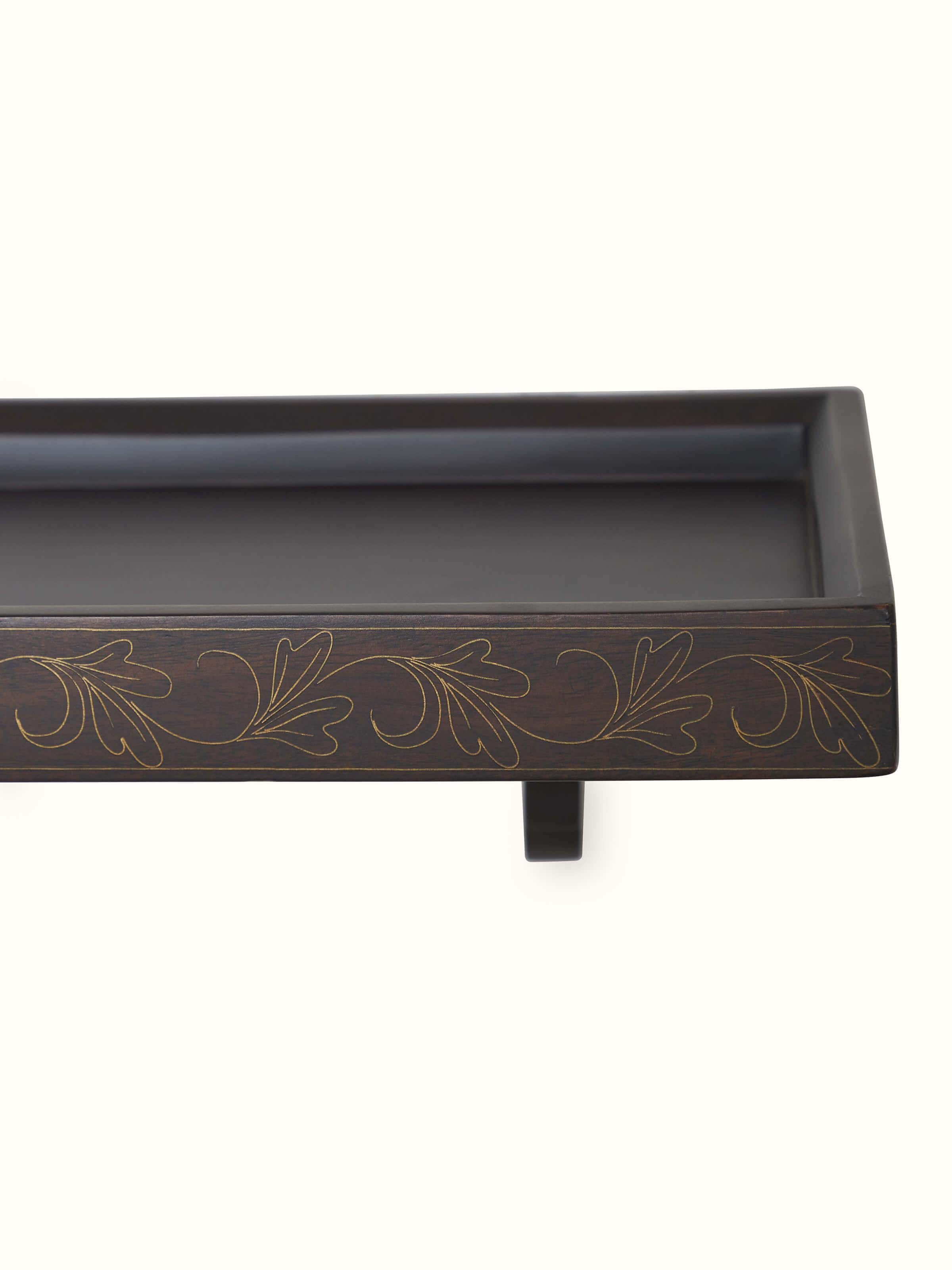 Back view of Sheesham Wood & Brass Tarkashi Rectangular Wall Shelf showing sturdy support and elegant design.