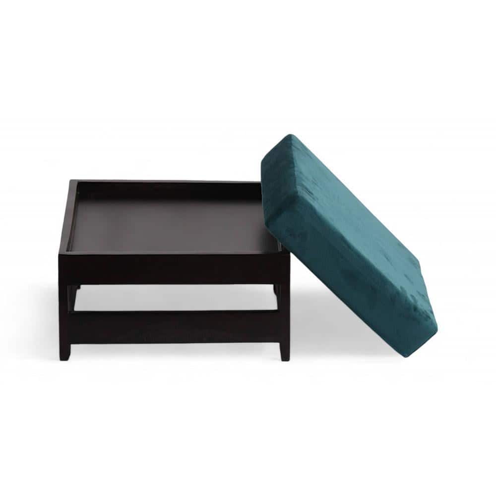 Amber Sheesham Wood Stool in Mahogany Finish & Turquoise Sea Velvet Cushion