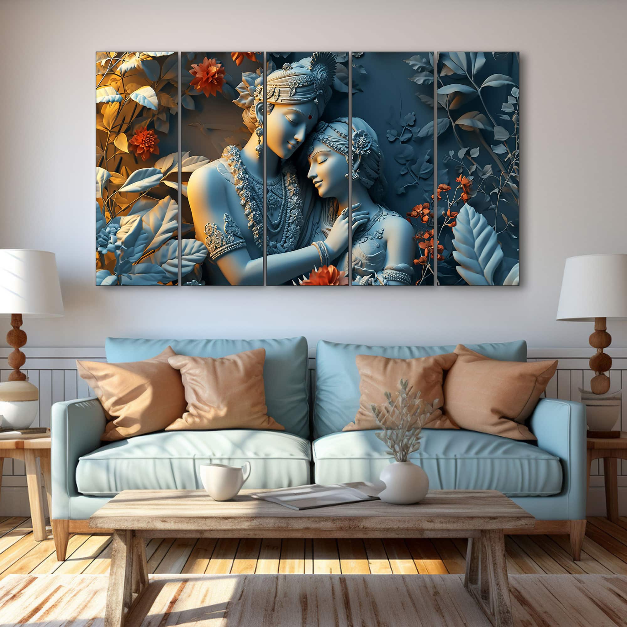 The Castle Decor Radha Krishna Wall Painting Design 6 Wooden Framed 27x48 Inch - The Castle Decor