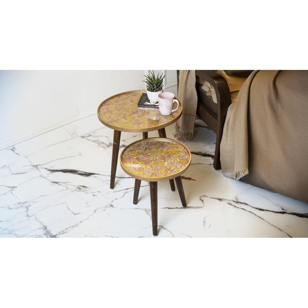 Peach and Gold Floral Round Nesting Tables with Wooden Legs, Side Tables, Wooden Tables, Living Room Decor by A Tiny Mistake