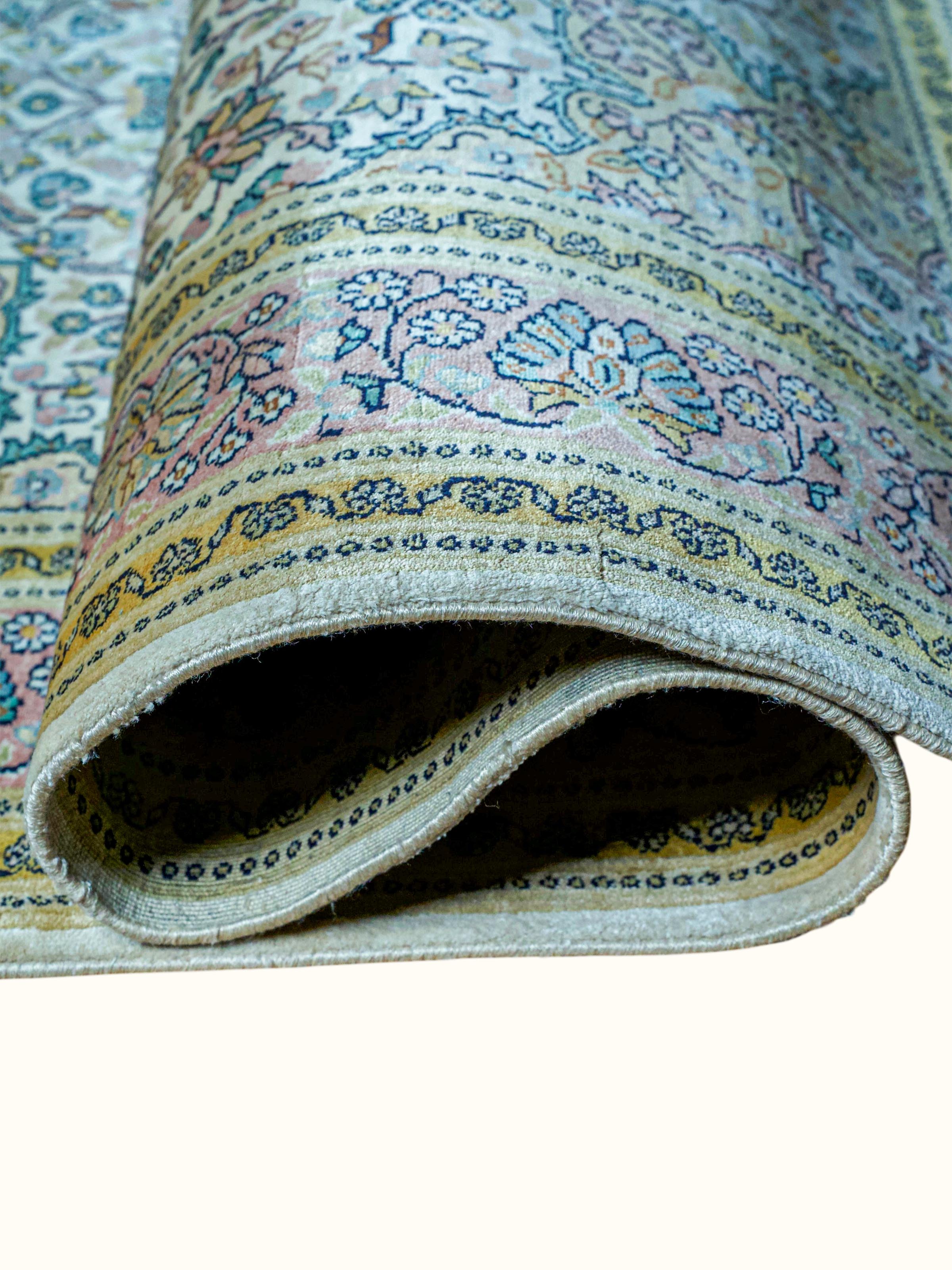 Traditional Persian Ivory Kashan Kashmir Silk Hand-Knotted Carpet
