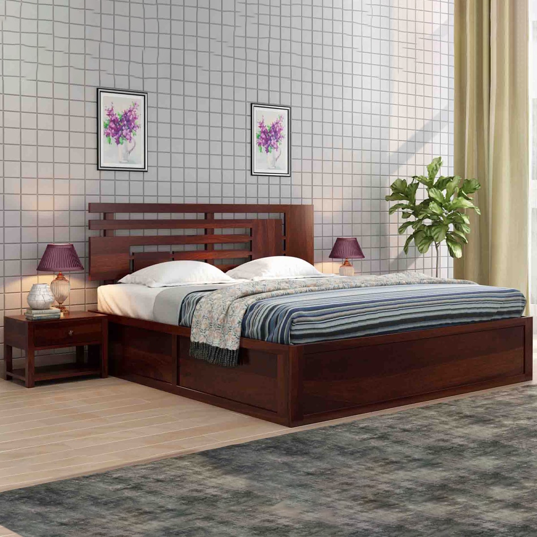 Perper Solid Wood King  Size Bed Without Storage (Walnut Finish)