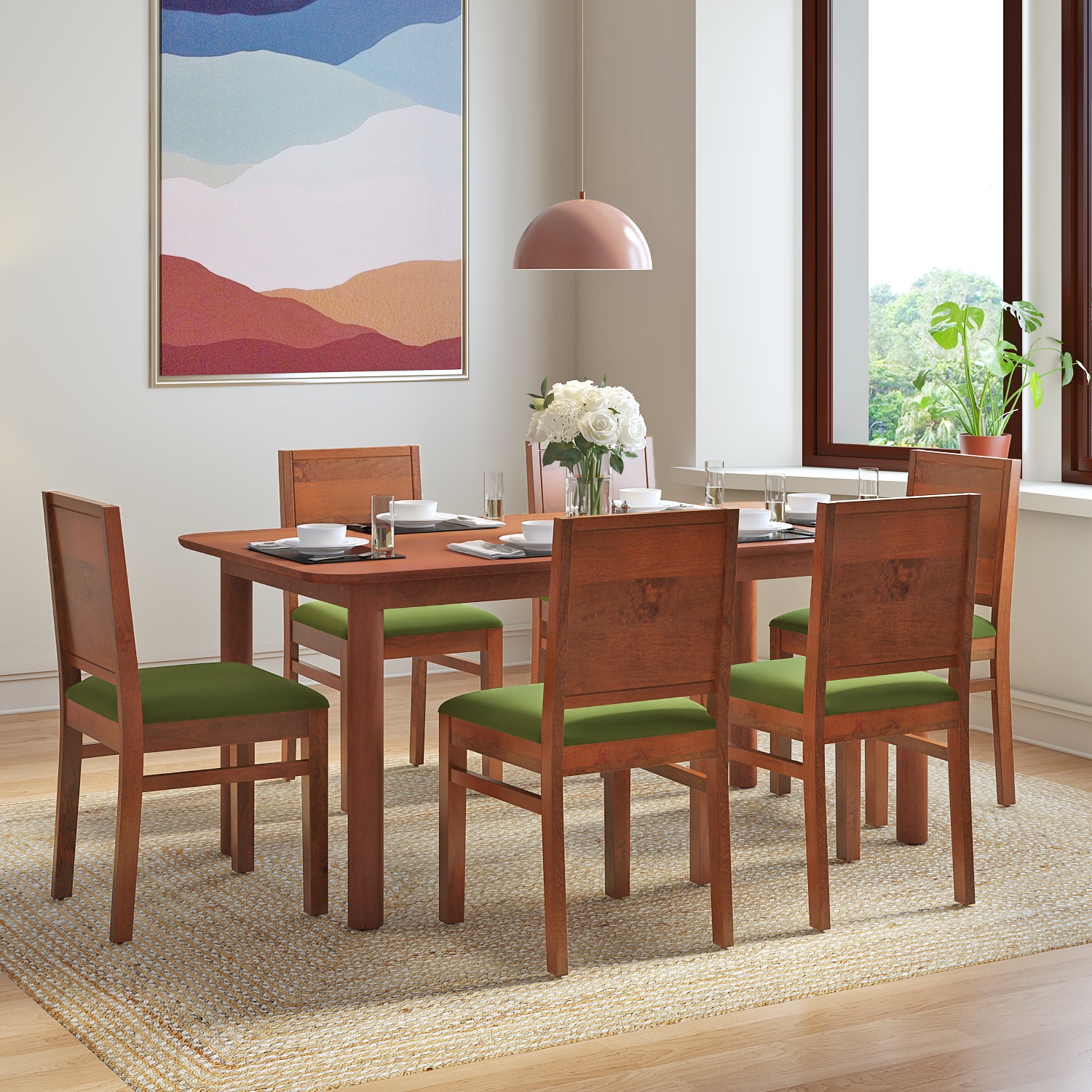 Dane Solid Wood Dining Table 6 Seater with 6 Atlas Dining Chairs (Finish: Honey, Colour: Avocado Green) - Urban Ladder