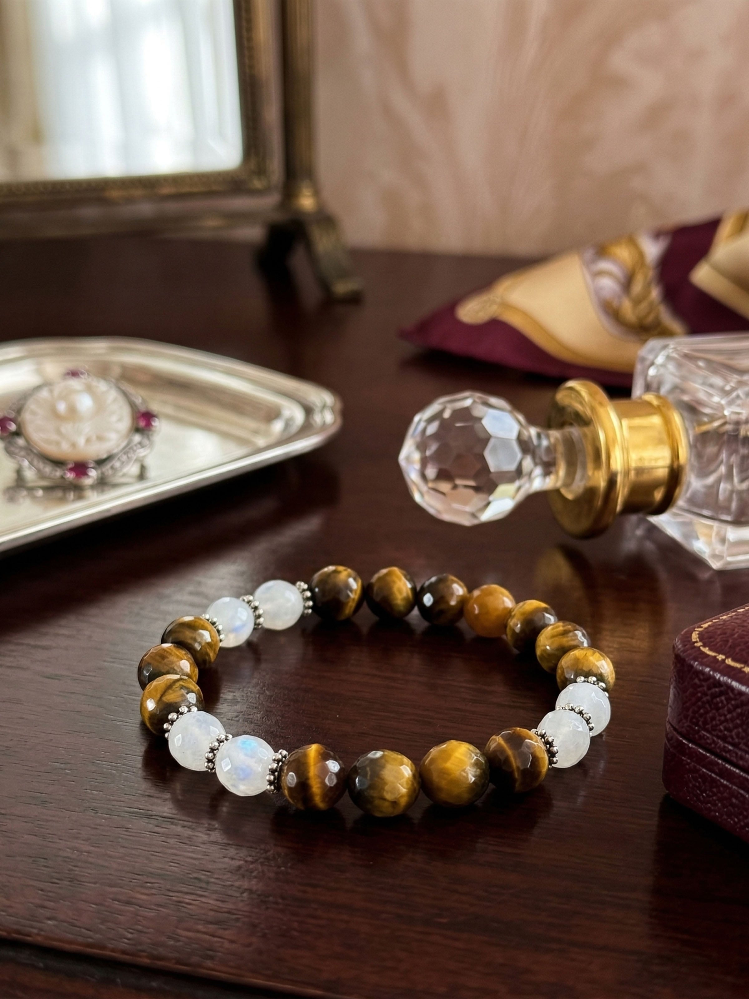 Lifestyle view of the White Moonstone & Tiger Eye Silver Bracelet