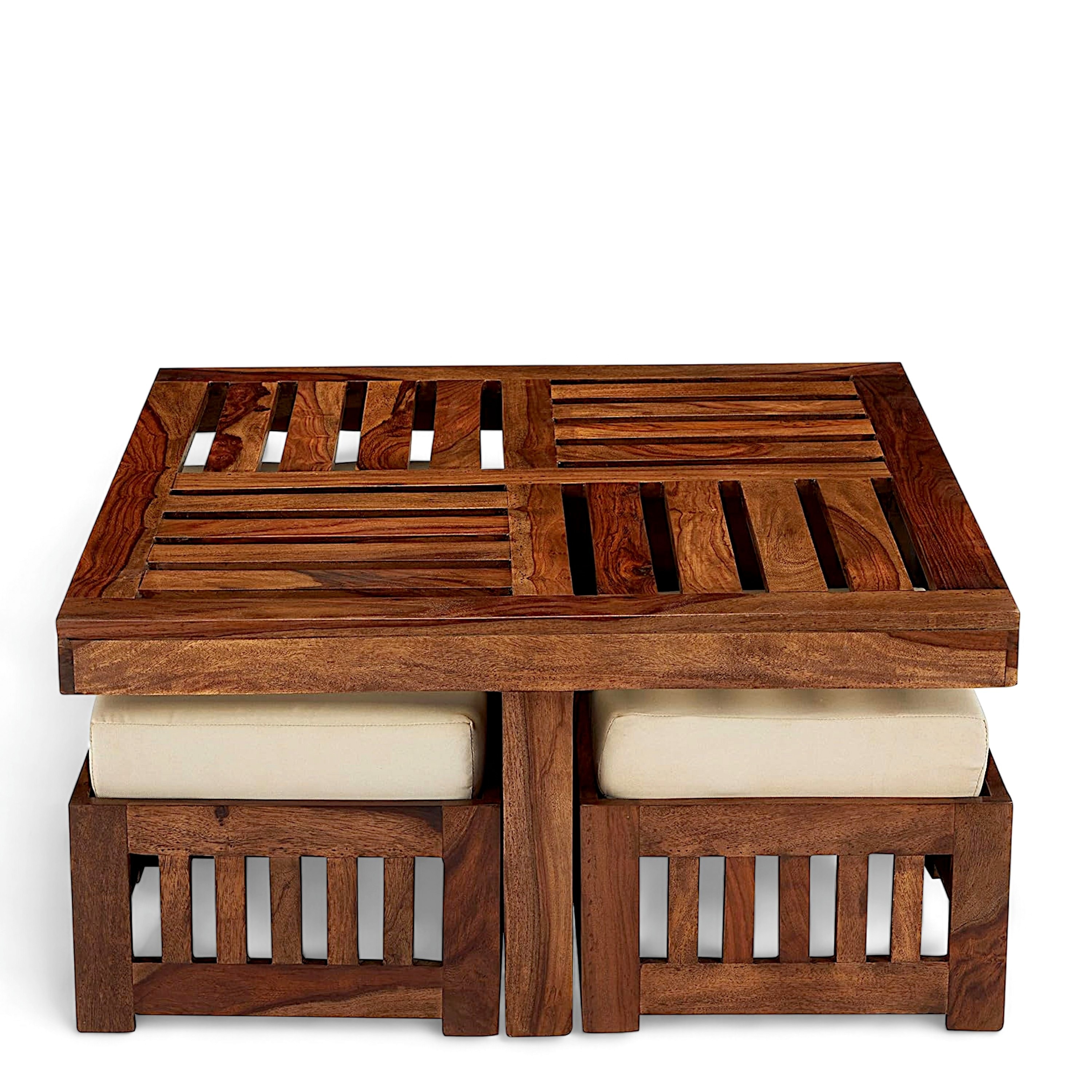 Palladio Sheesham Wood Accent Coffee Table Set With 4 Stools In Natural Teak Finish