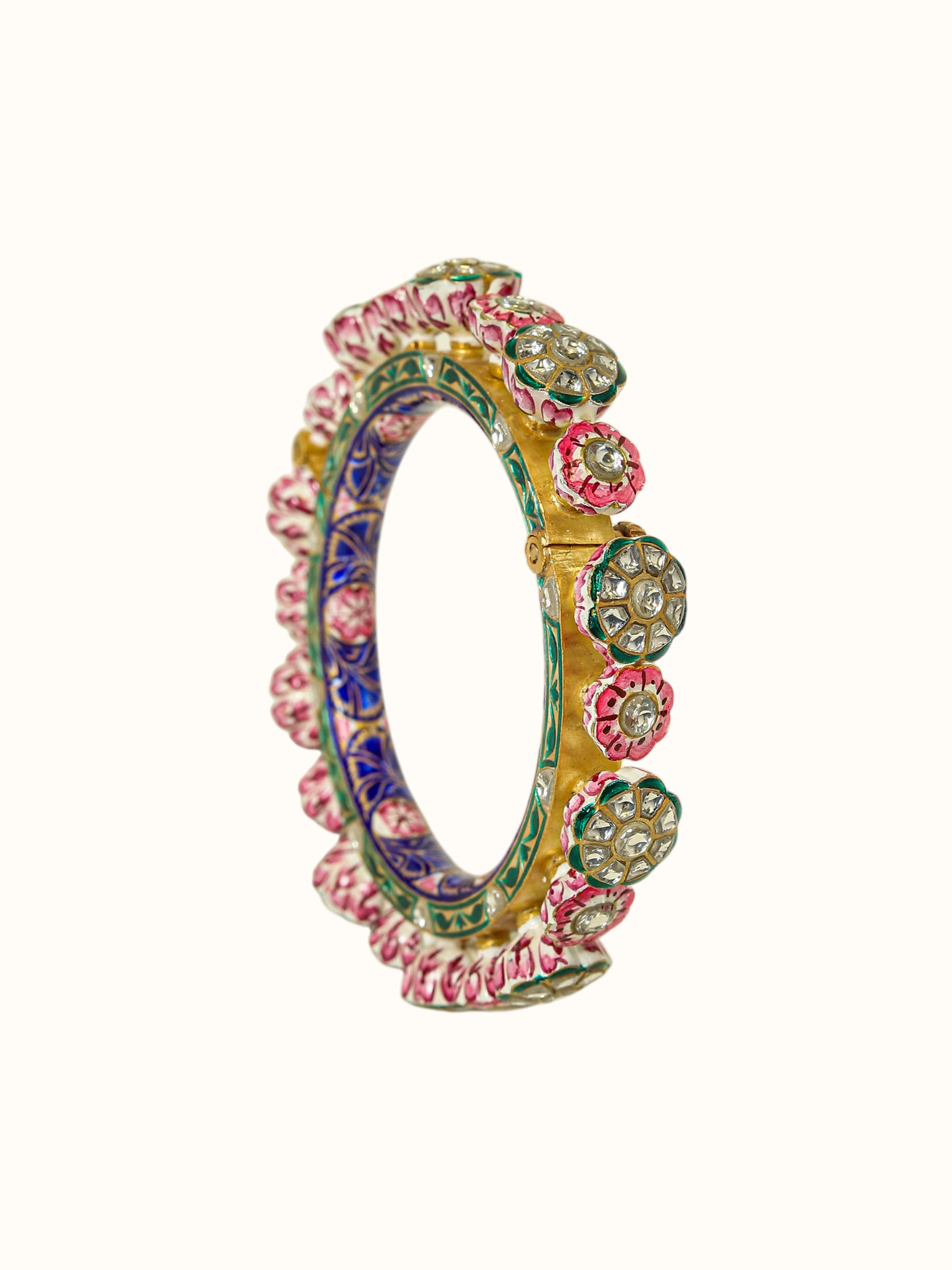 front view of meenakari nathdwara silver gold plated bangle with intricate enamel work 