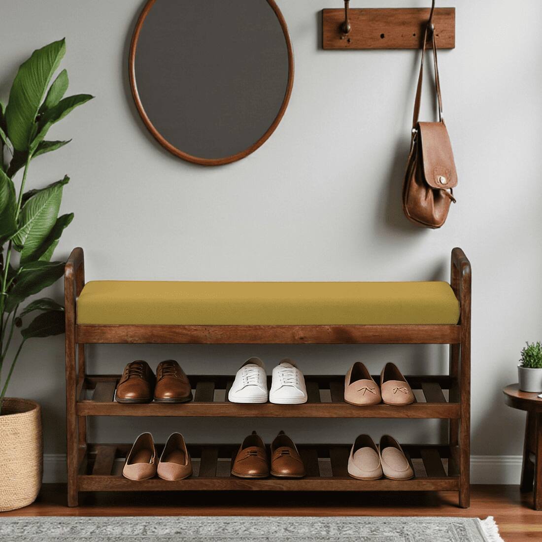 Holmsvik Solid Wood Shoe Rack with Seating in Walnut Brown finish