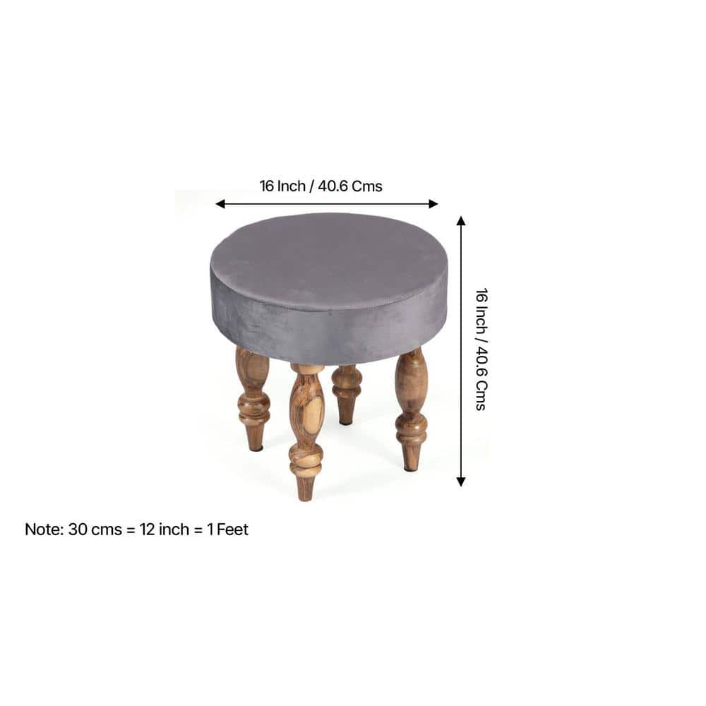 Roswell Sheesham Wood   Round Stool in Iron Grey Velvet Upholstery