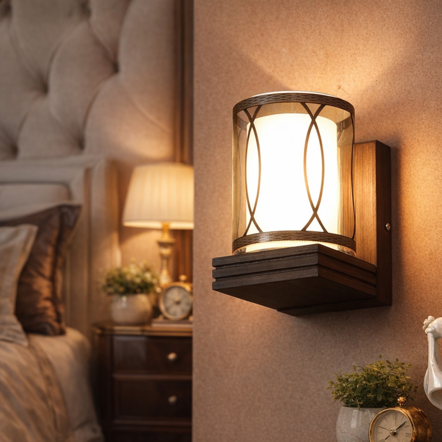 Eliante Wooden Wall Lights Wood & Glass Material Dark Brown & Champaign Finish - Eliante