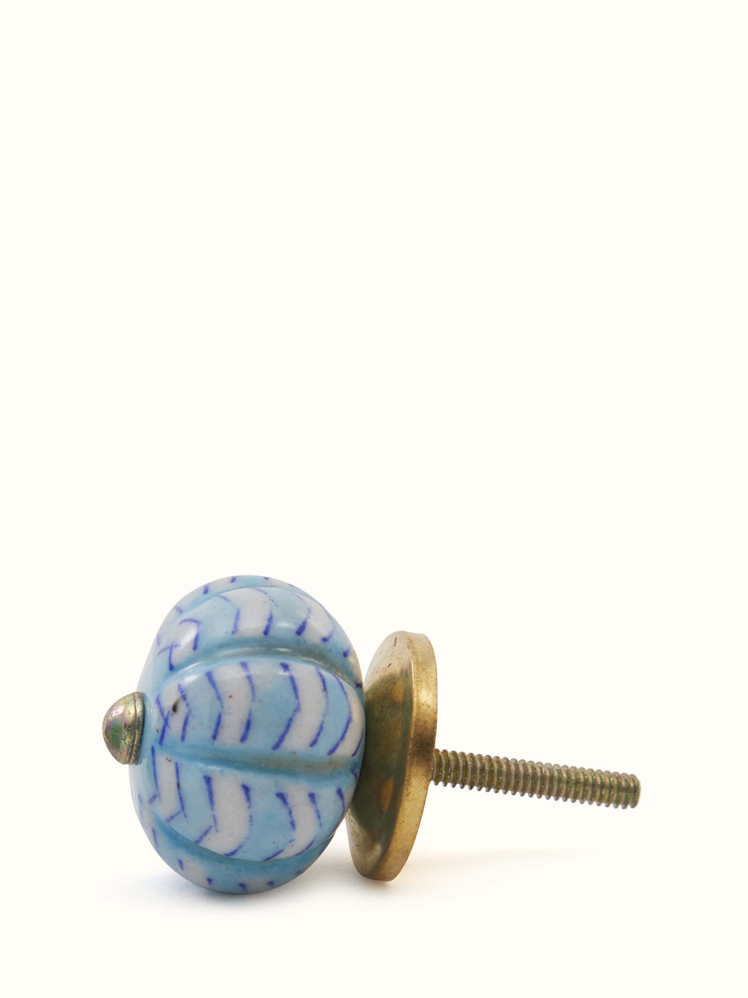 Artisan blue pottery round rib door knob set – perspective view