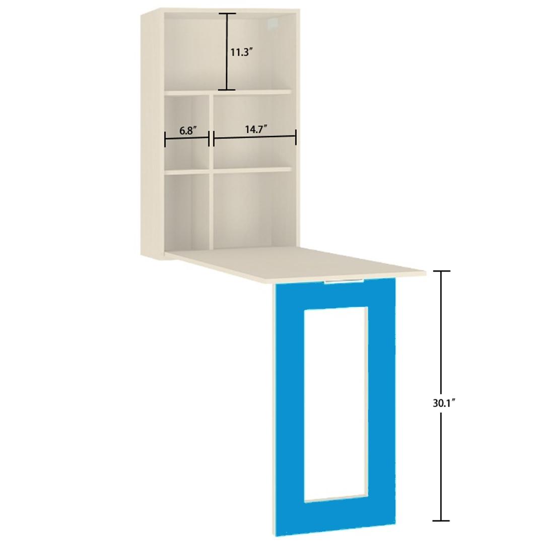 Calypso Kids Wall Mounted Folding Study Desk and Built In Bookshelf in Light Wood Azure Blue Colour
