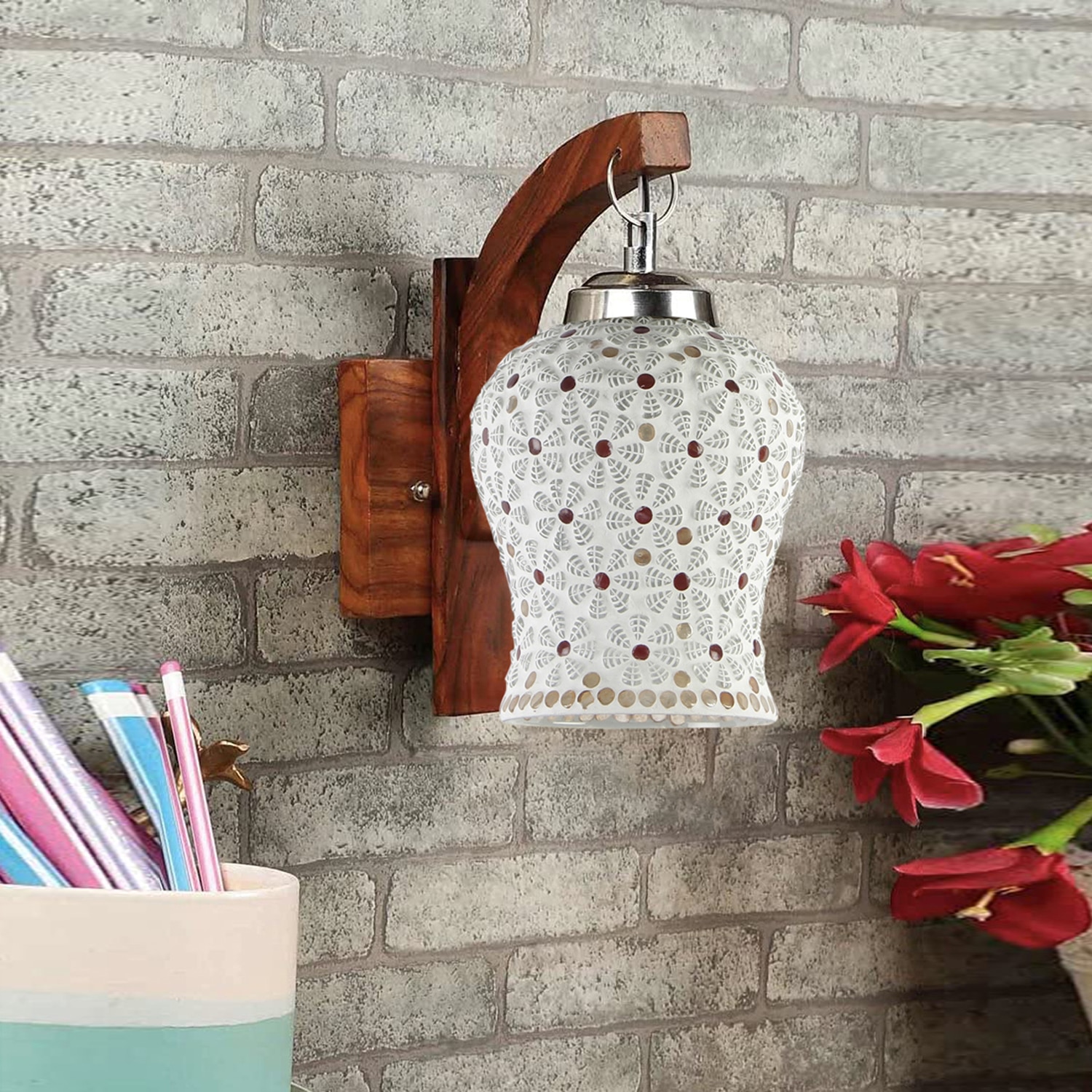 Devansh Solid Wood Electric Wall Light in Brown Colour with Multi Shade Count of 1 Light - Devansh
