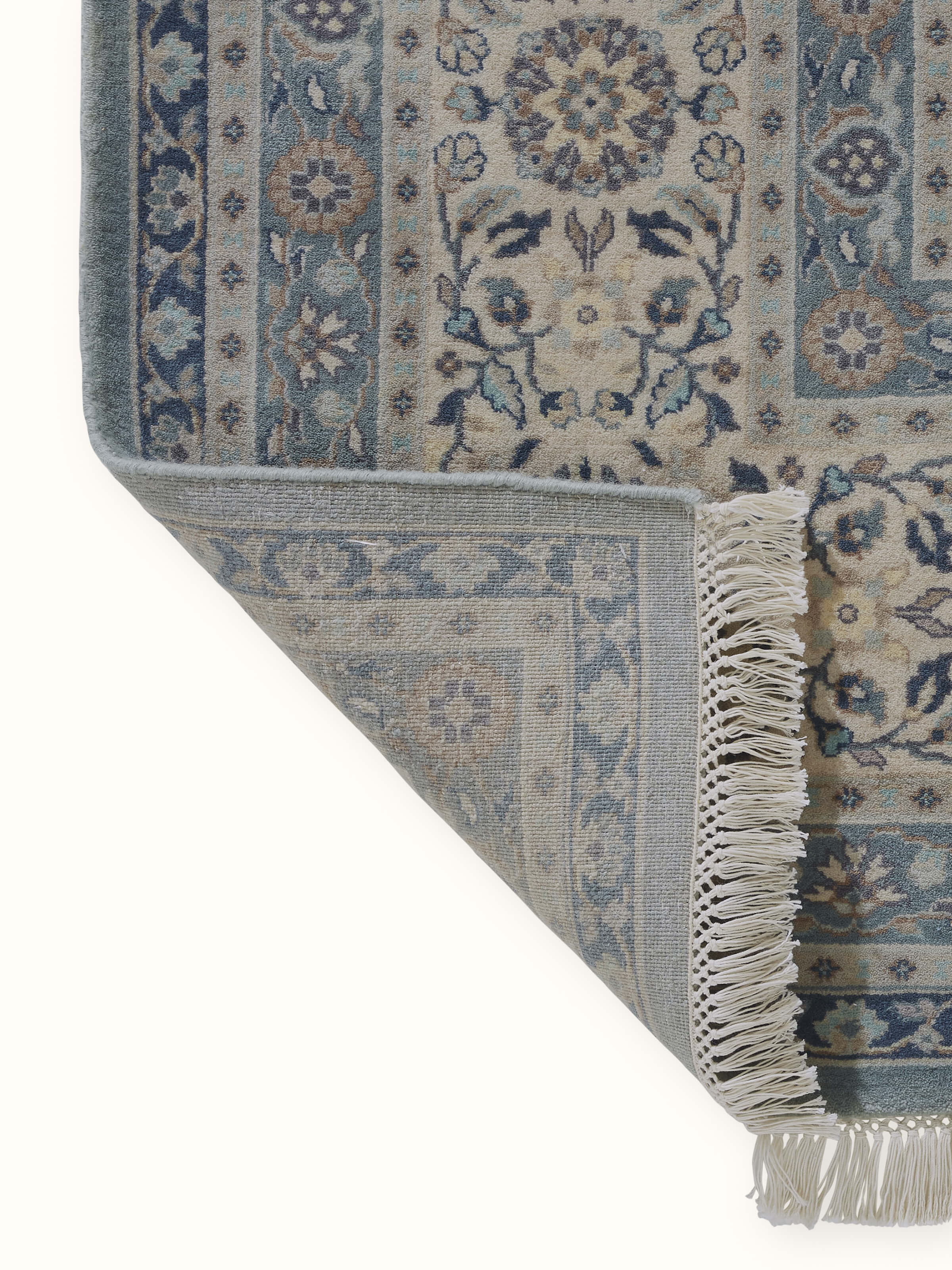 Back view highlighting dense knotting and quality finish of Bhadohi-made traditional rug