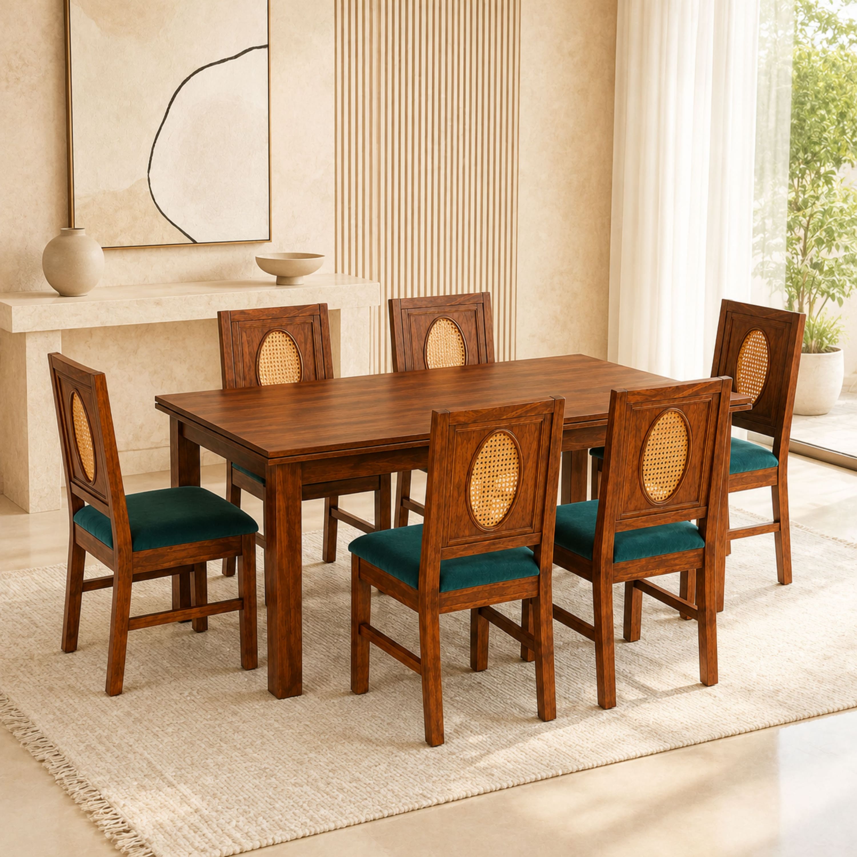 Globally Indian Elodie Solid Sheesham Wood 6 Seater Dining Table Set 6 Chairs Teal Blue