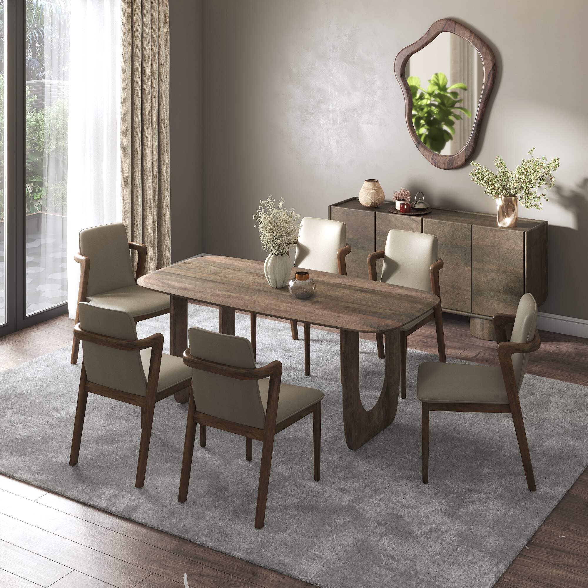 Aero Solid Wood 6 Seater Dining Table With 6 Harper Dining Chairs (Finish : Danish Walnut, Chair Colour : Taupe Leatherette)